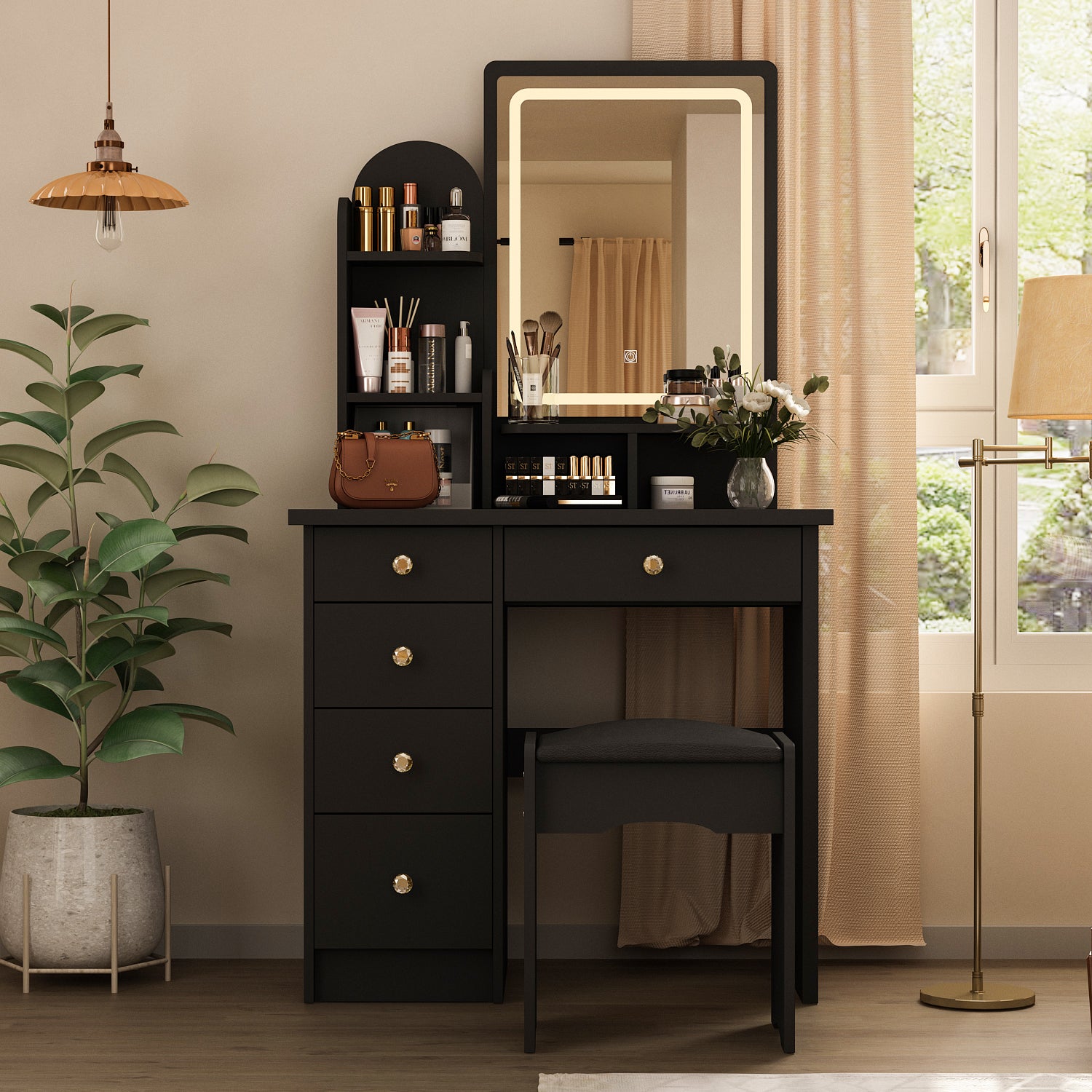 Vanity Set with Stool, Mirror, LED Lights & 3-Tier Storage Shelves - 5 Drawer Makeup Dressing Table for Bedroom, Bathroom & Salon (White) - Perfect for Makeup Organization & Beauty Routine