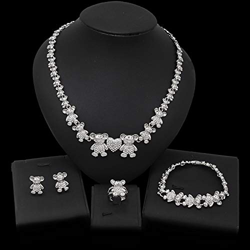Elegant Wedding Jewelry Set for Women - Gold Plated Teddy Bear Crystal Necklace, Stud Earrings, Charm Bracelet & Ring | Bridal Jewelry, Dubai Style | Perfect for Weddings, Anniversaries & Special Occasions