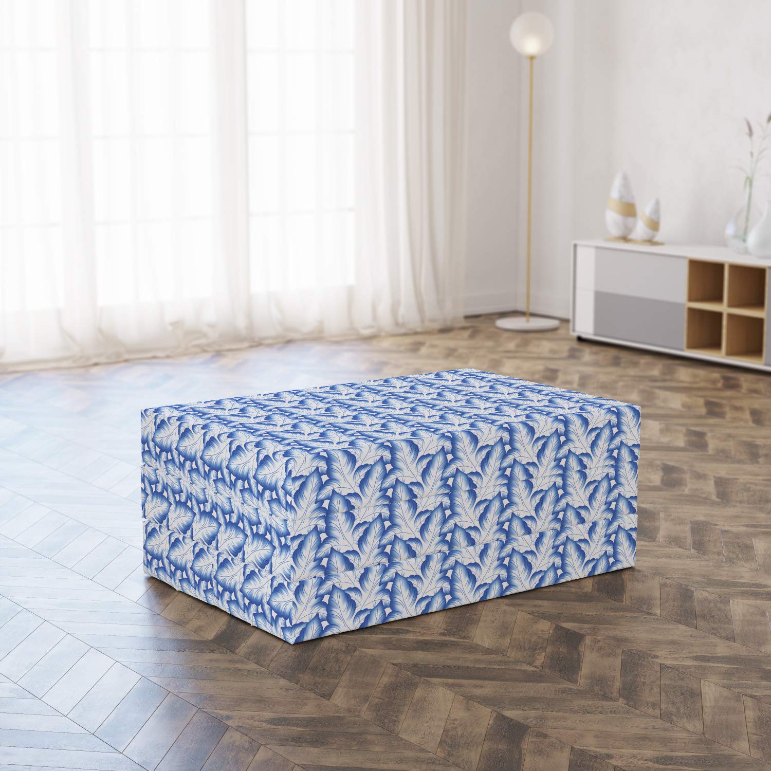 Ambesonne Leafy Foldable Mattress - Blue Floral Leaves Design, 74.8