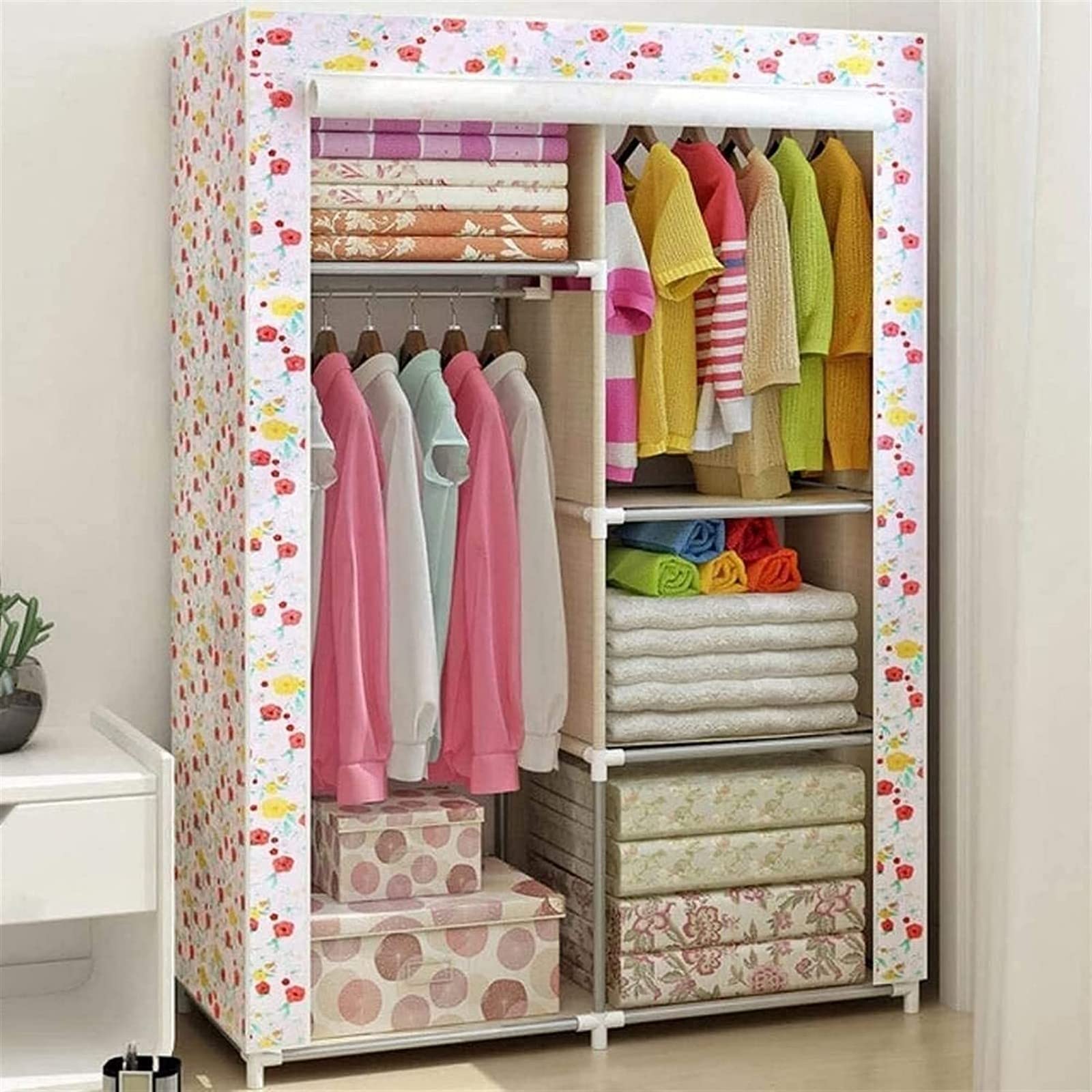 Portable Closet Organizer - Foldable Fabric Wardrobe with Steel Frame & Zippered Doors for Bedroom Storage (66