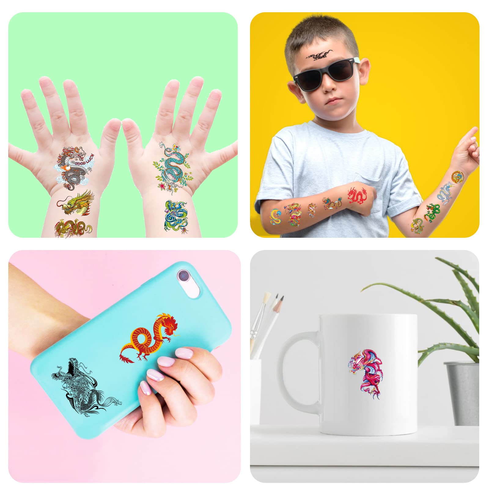 Ancient Dragon Tattoo Party Supplies - 405pcs Waterproof Temporary Tattoo Stickers for Kids, Boys & Girls - Chinese Fairy Dragon Cartoon Designs for Class Activities, Birthday Parties & Halloween Costumes