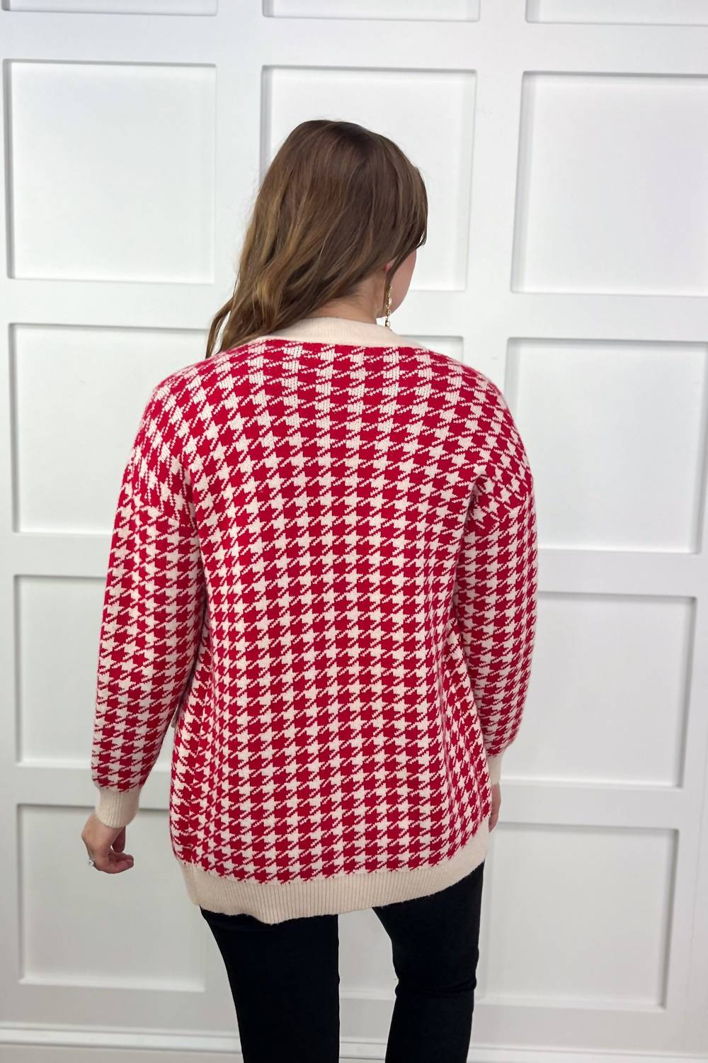 New York Houndstooth Sweater - Red & Cream Knit Pullover for Women | Cozy Winter Fashion, Casual Outfit & Holiday Gift