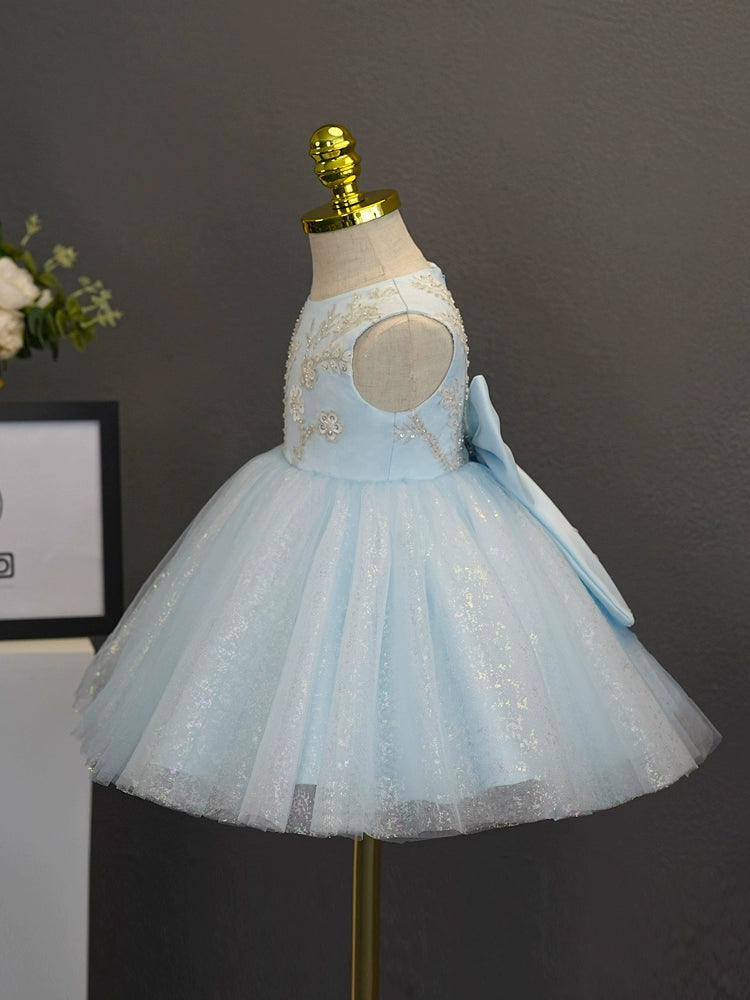 Elegant A-Line Round Neck Tea-Length Tulle Flower Girl Dress in Blue - Perfect for Weddings, Parties & Special Occasions