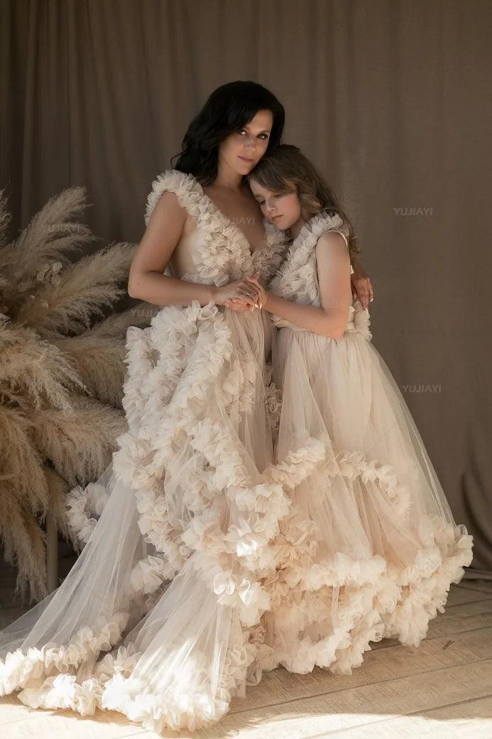 Elegant Tiered Ruffle Mommy and Me Dresses - Matching Mother Daughter Outfits for Photoshoots, Family Portraits & Special Occasions