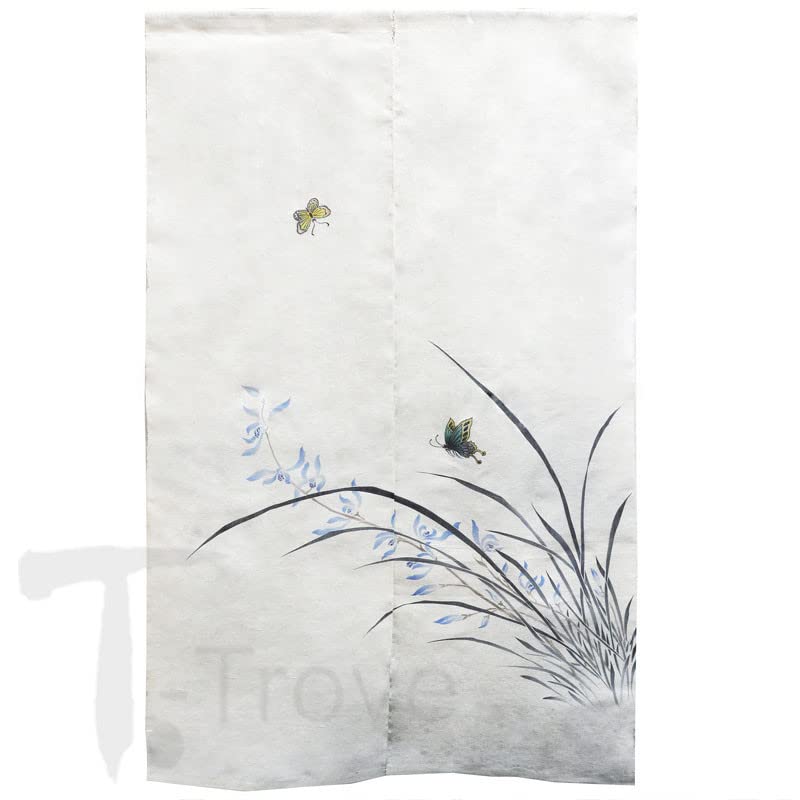 Elegant Orchid & Butterfly Linen Noren Curtain - Japanese Style Room Divider for Home Decor, Bedroom, Living Room & Entryway