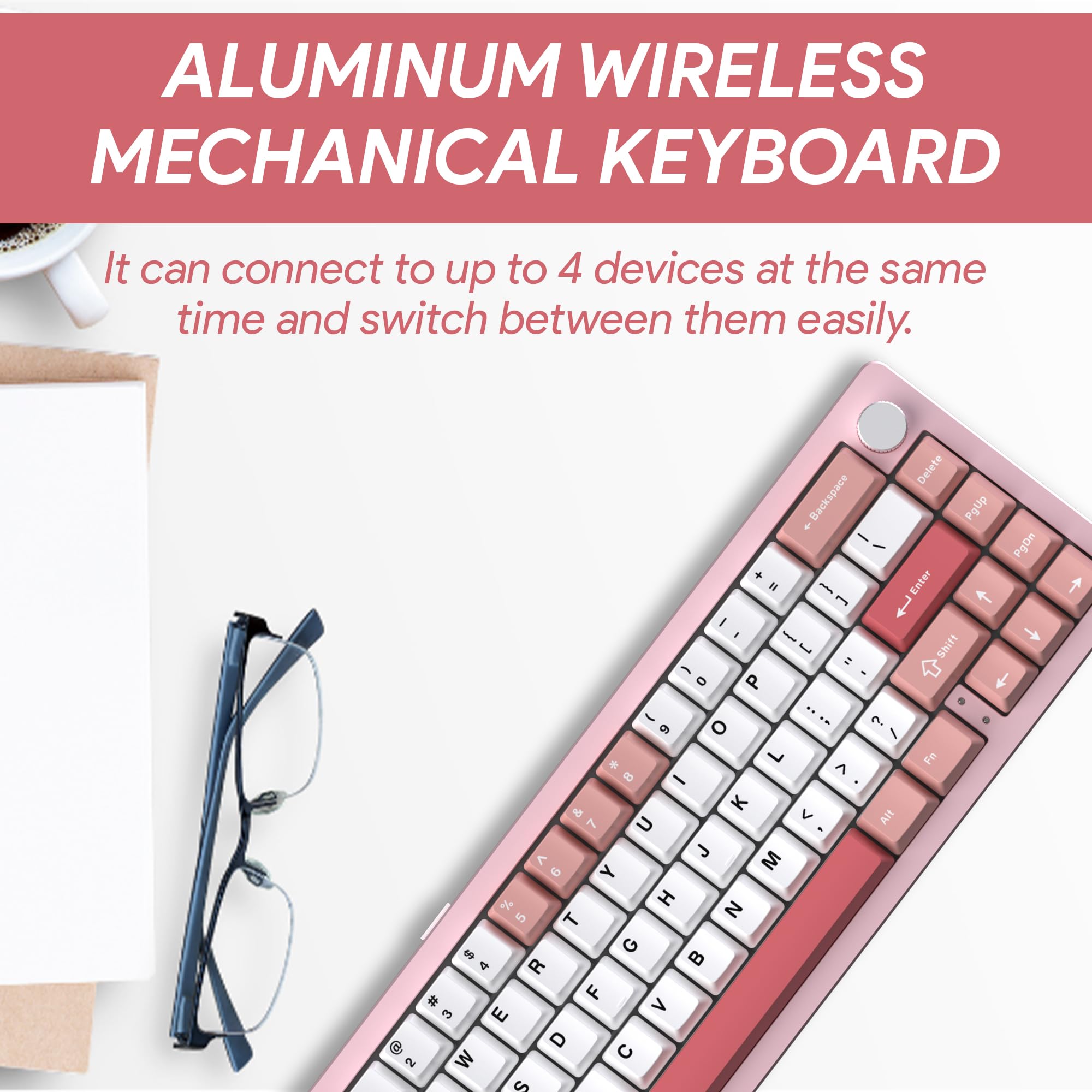 EMB Nabi Series NB1 65% Wireless Mechanical Gaming Keyboard - 66 Keys, CNC Aluminum Frame, RGB Backlit, Hot-Swappable Switches, 4600mAh Battery, Milk Linear Switches (Silver/Pink) - Wired/Bluetooth/2.4G Connectivity for PC, Mac, PS5, Xbox Gaming & Office Work