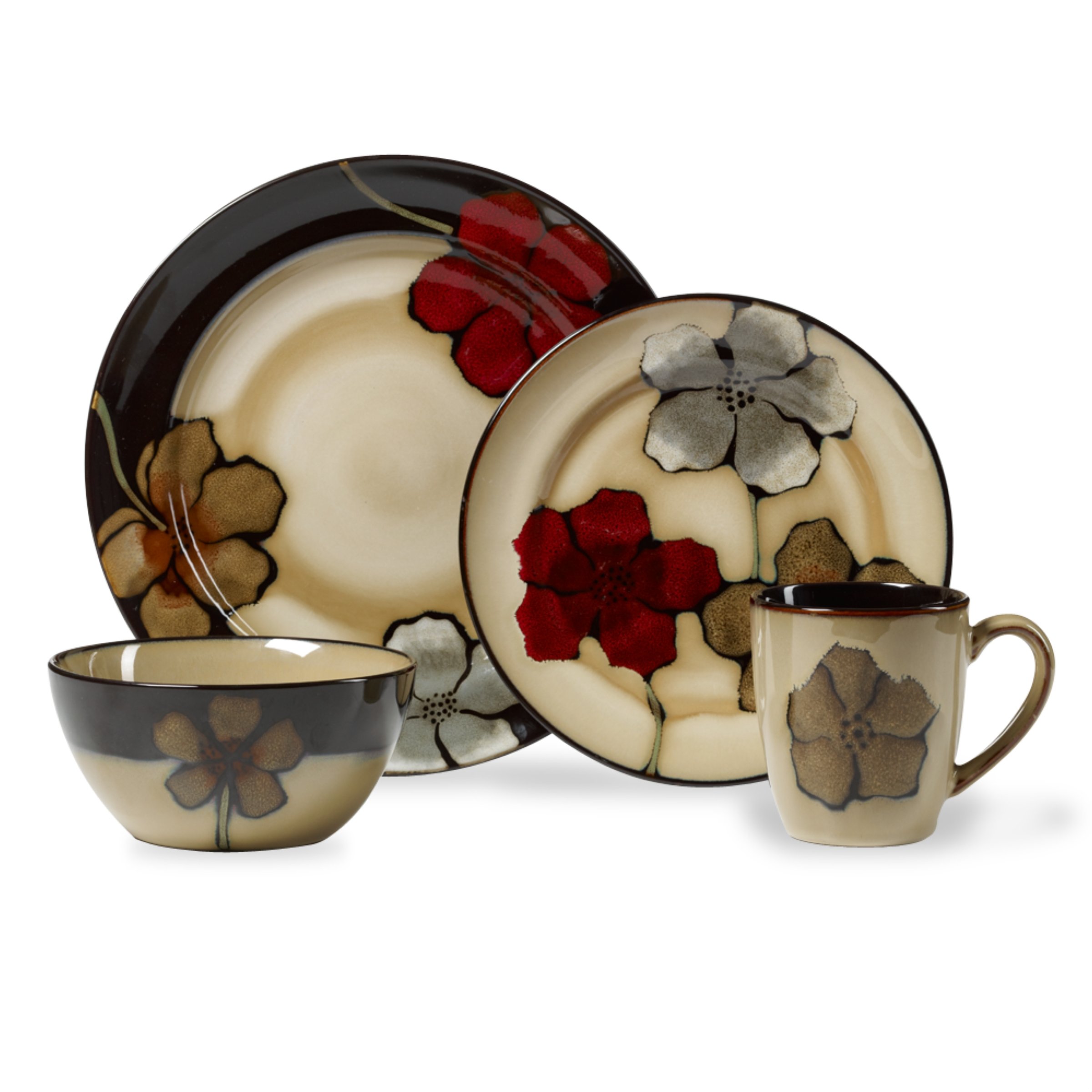 Pfaltzgraff Painted Poppies 16-Piece Stoneware Dinnerware Set for 4, Tan & Assorted Colors - Elegant Dinner Plates, Bowls & Mugs - Perfect for Family Dinners, Holiday Gatherings & Everyday Use