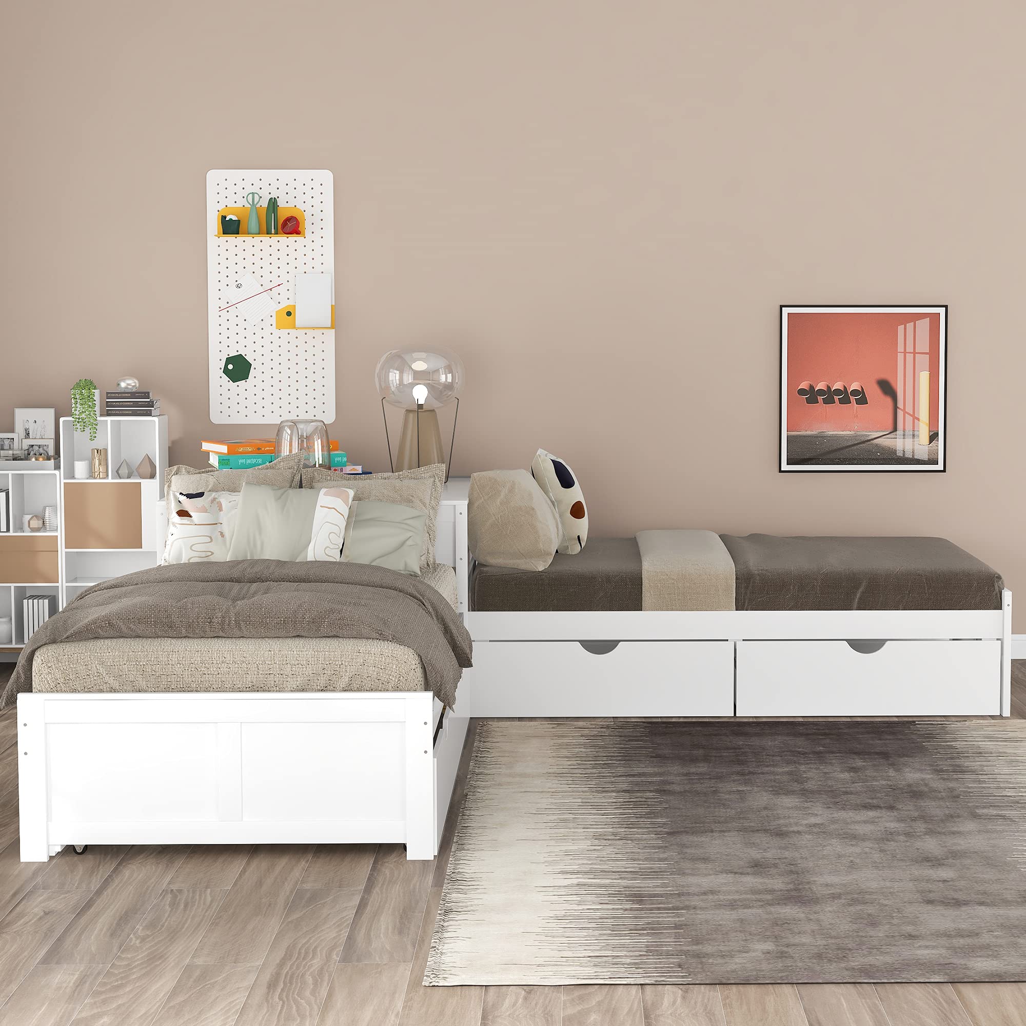 Merax Twin Size L-Shaped Storage Daybed with Trundle - Convertible Platform Bed with 2 Drawers & Built-in Desk - No Box Spring Needed - Perfect for Small Spaces, Living Room, Bedroom or Guest Room (White)
