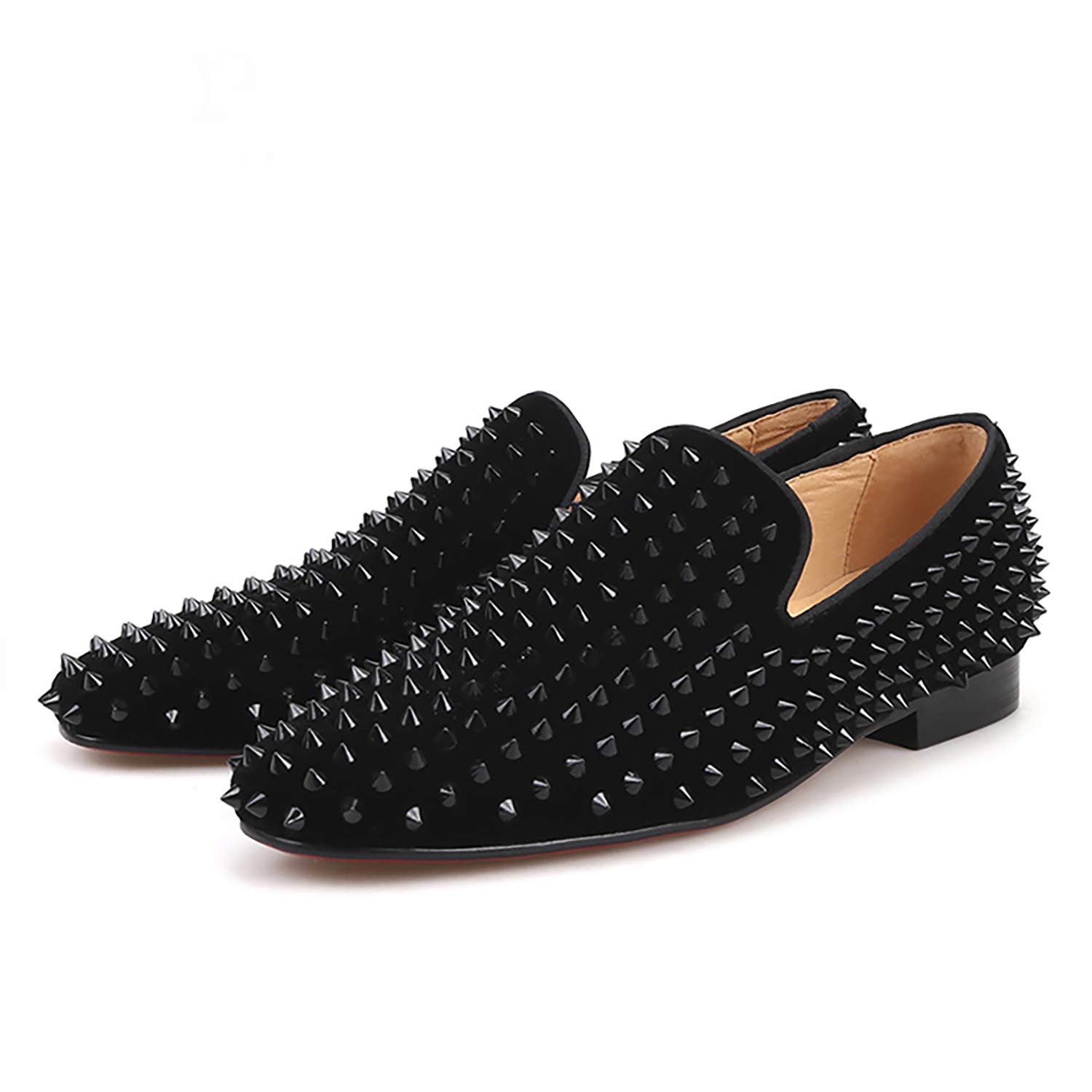 Royal Blue Velvet Men's Loafers with Spikes - Slip-On Dress Shoes for Smoking Slippers & Formal Occasions - Comfortable Male Flats for Weddings, Parties and Evening Events