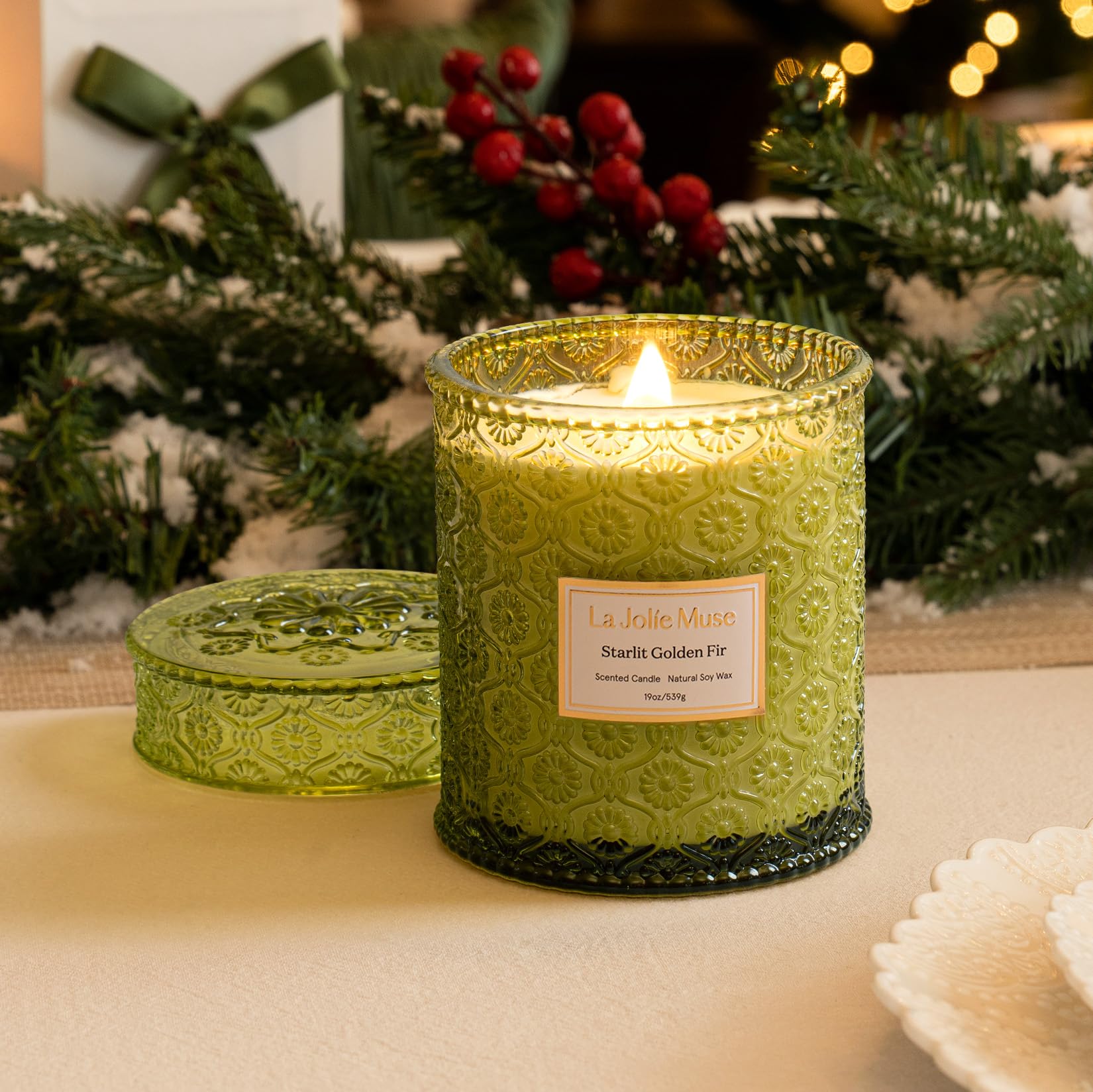 LA JOLIE MUSE Fir & Cedarwood Scented Candle - 19oz Large Wood Wicked Candle with Long Burning Time, Holiday Home Fragrance Gift for Women & Men - Perfect for Christmas Decor, Cozy Evenings & Relaxation
