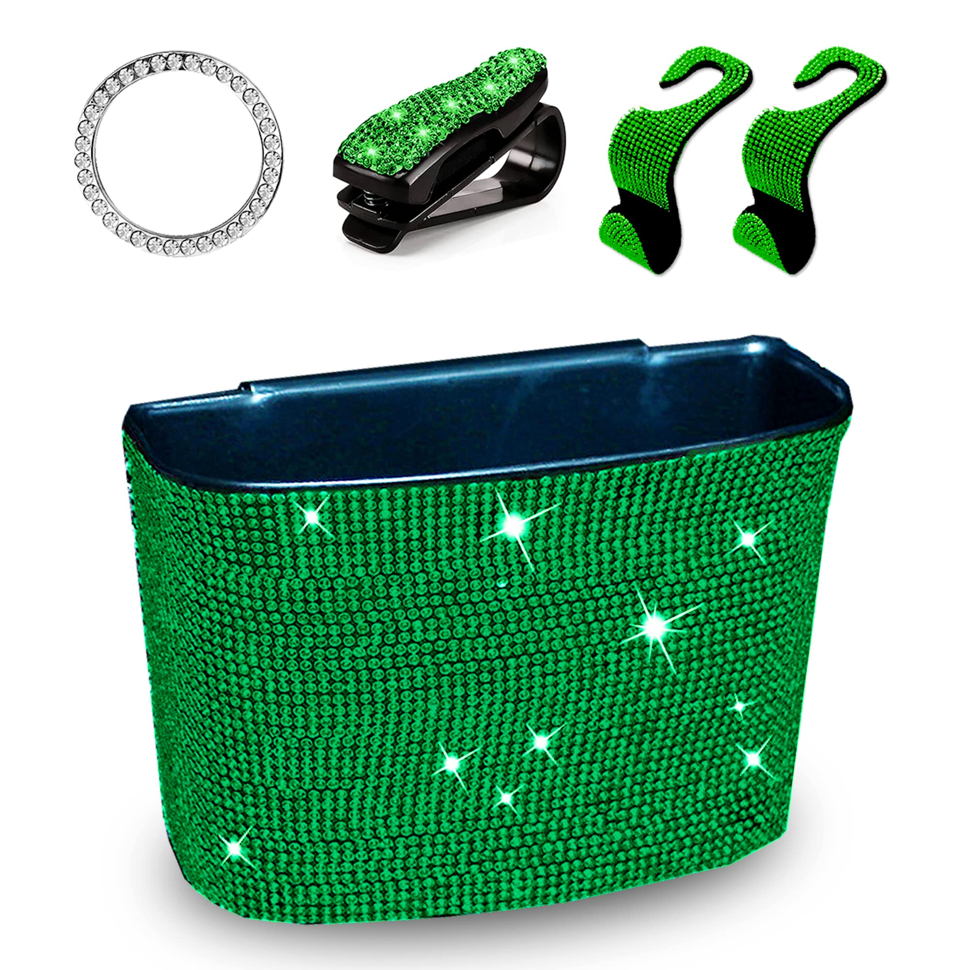Pomelo Litchi Pitaya Glitter Diamond Car Organizer - Rhinestone Trash Bin with 2 Hooks, Ticket Clip & Start Engine Circle (Green) | Perfect for Car Storage, Gift Box & Glamorous Vehicle Accessories