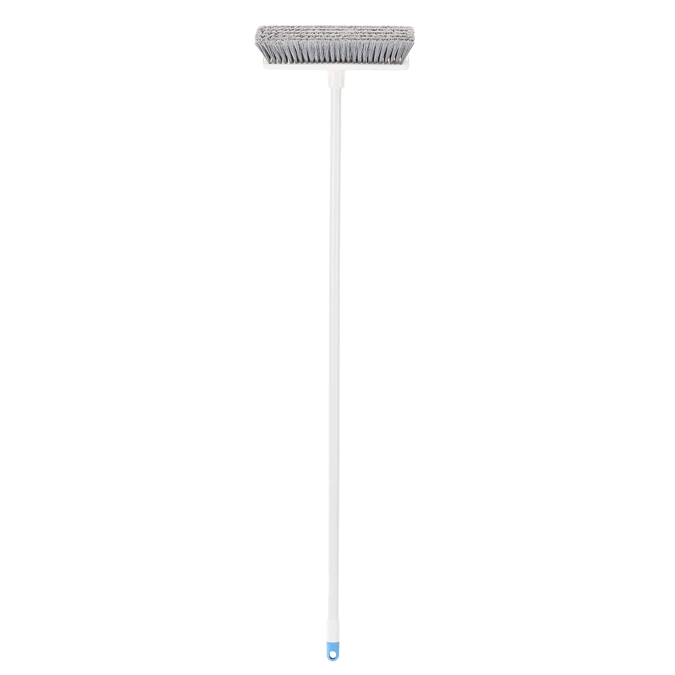 Amazon Basics Angled Push Broom with Sturdy Handle - Blue & White Broom for Indoor/Outdoor Cleaning - Perfect for Driveways, Garages, and Hard Floors