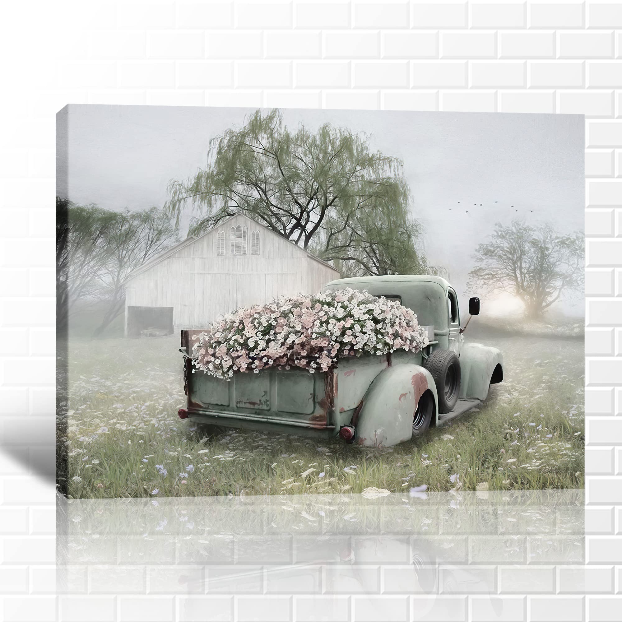 Vintage Rustic Old Truck Canvas Wall Art - Farmhouse Country Truck Painting for Bedroom, Living Room, Office Decor - 32x48 Inches White Truck with Flowers Wall Decor - Perfect for Rustic, Farmhouse & Country Style Home Interiors