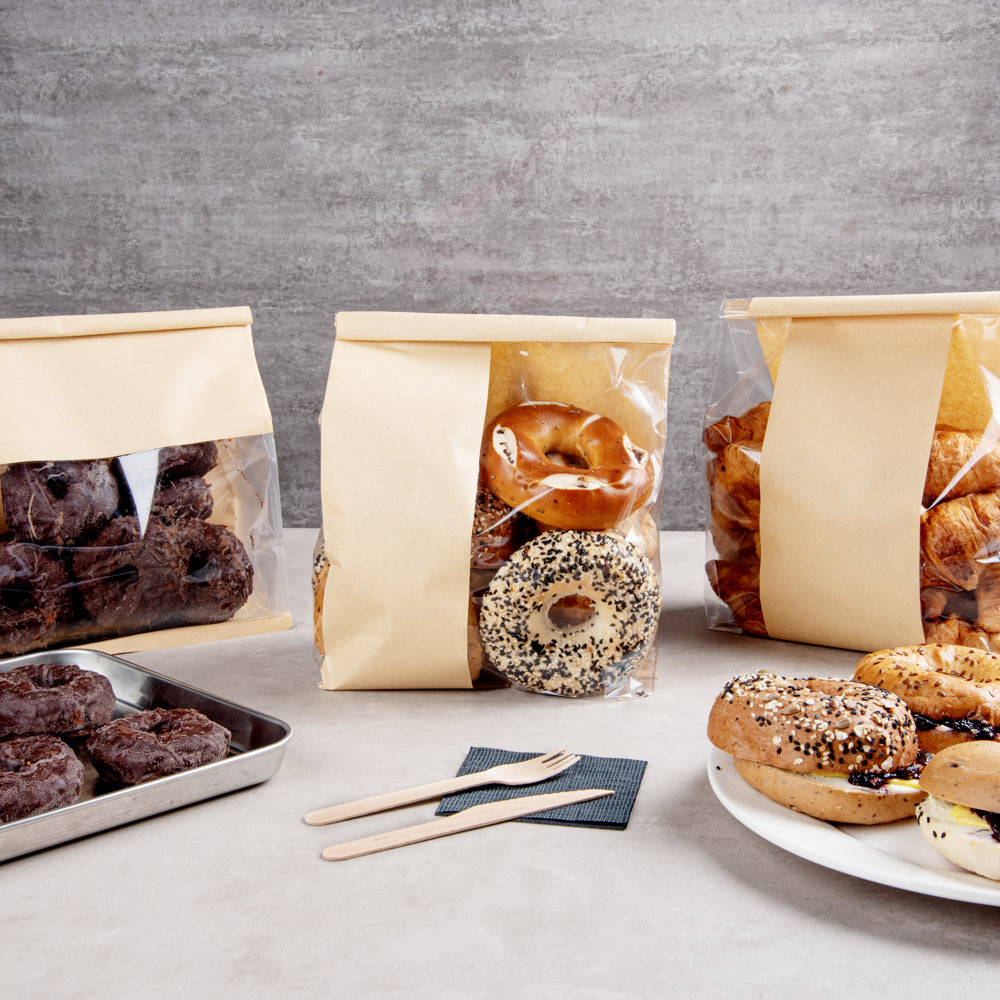 Premium Kraft Paper Bakery Bags with Window & Tin Tie Closure - 8.25