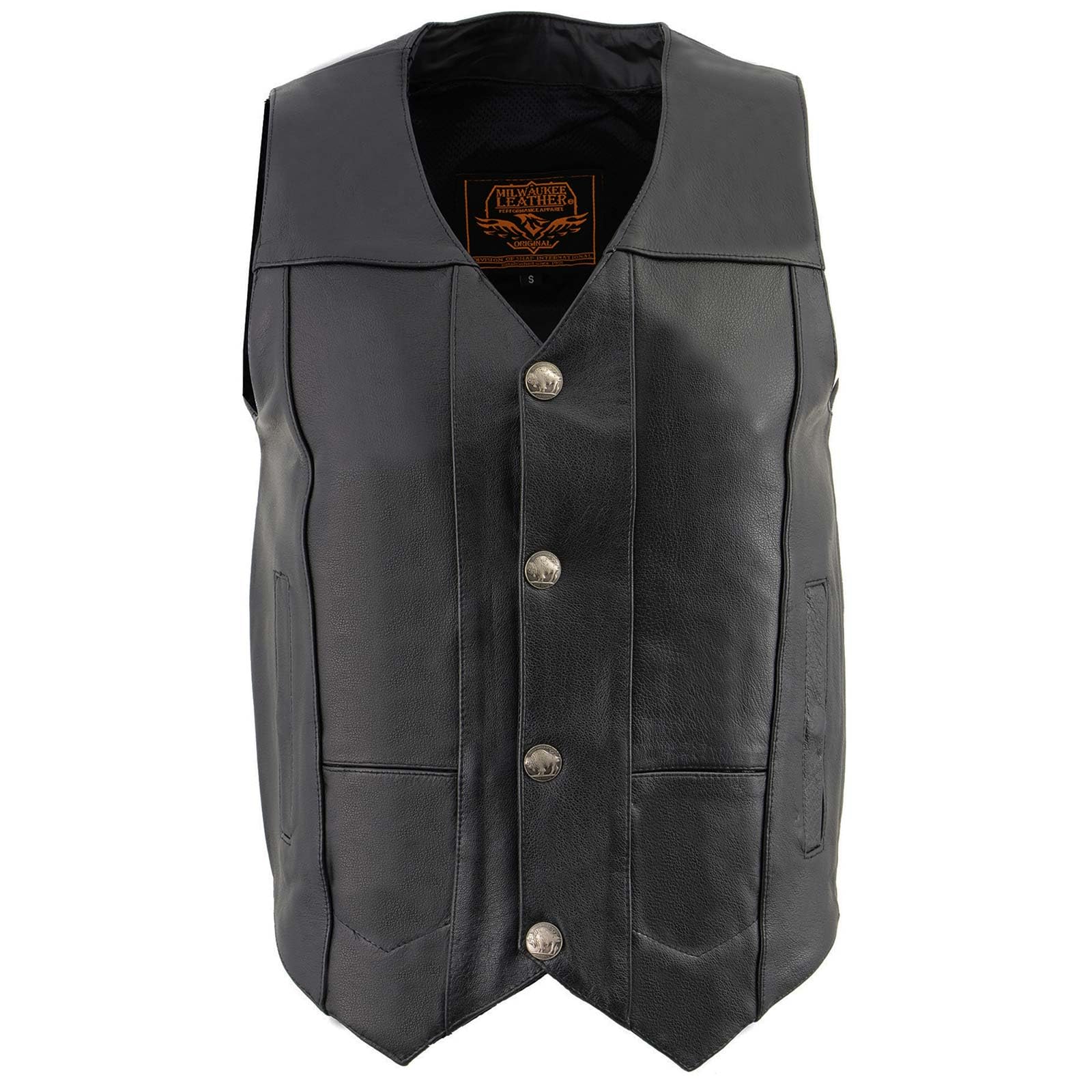 Milwaukee LKM3700 Men's Black Leather Motorcycle Vest - Classic V-Neck Design with Buffalo Nickel Snaps Closure | Riding Gear for Bikers & Outdoor Enthusiasts