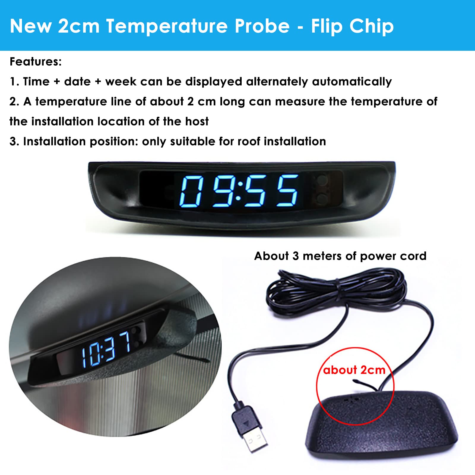 COYOUCO USB-Powered Digital Car Clock with LED Display & Adjustable Brightness - Multifunctional Auto Thermometer for Dashboard - Perfect for Road Trips, Commuting & Temperature Monitoring