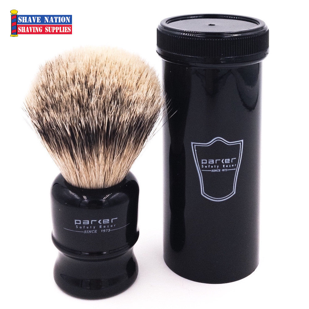 Premium Parker Silvertip Badger Hair Shaving Brush with Black Travel Case - Luxury Wet Shaving Essential for Men's Grooming Kit, Perfect for Travel & Home Use