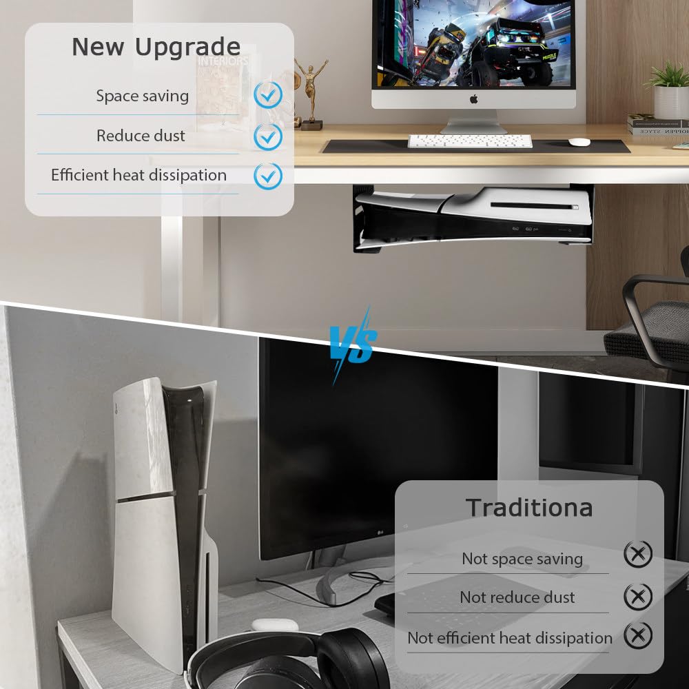 Premium Aluminum PS5 Slim/PS5 Under-Table Mount Bracket - No Drilling Required - Compatible with PlayStation 5 Disc & Digital Edition (Black) - Perfect for Gaming Setups & Small Spaces
