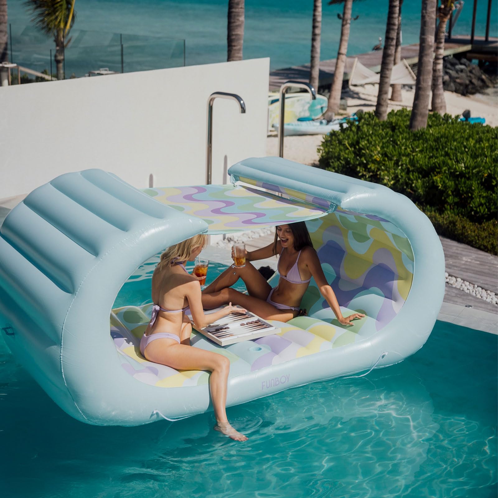 **FUNBOY Giant Inflatable Luxury Bali 70's Wave Lounger Cabana Pool Float with Removable Shade & Cup Holders – Premium Summer Pool Party Float for Adults, Backyard Relaxation & Beach Lounging**