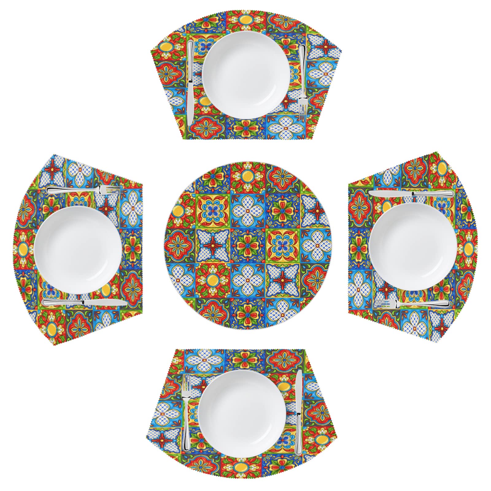 5-Piece Mexican Talavera Ceramic Tile Pattern Placemat Set - Wedge Shaped with Round Centerpiece, Heat Resistant & Non-Slip Washable Table Mats for Kitchen, Dining, and Party Decor
