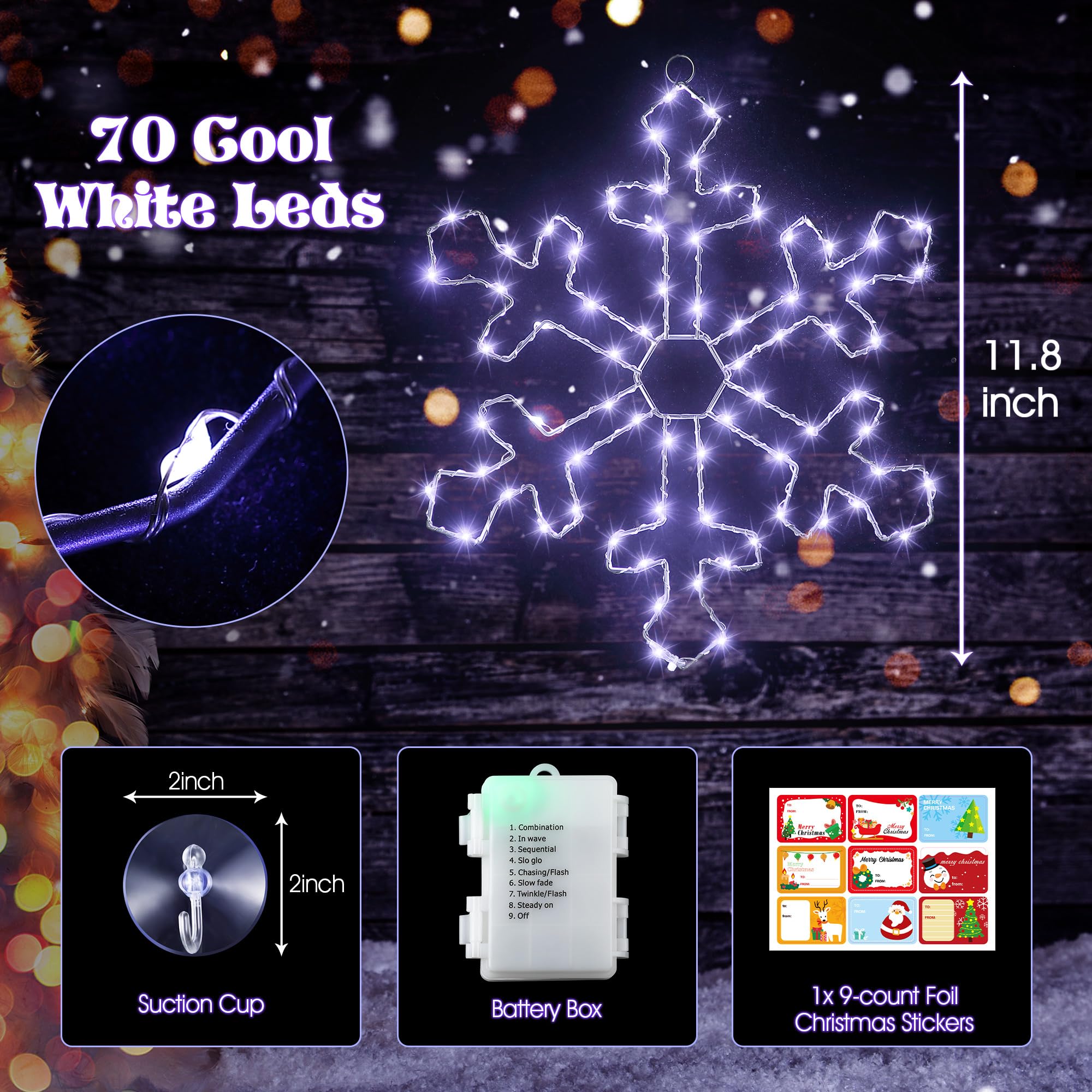 Hiboom Christmas Window Silhouette LED Lights - 11.8 Inch White Snowflake Decorations (1 Pack) | Indoor/Outdoor Holiday Decor for Home, Office & Party