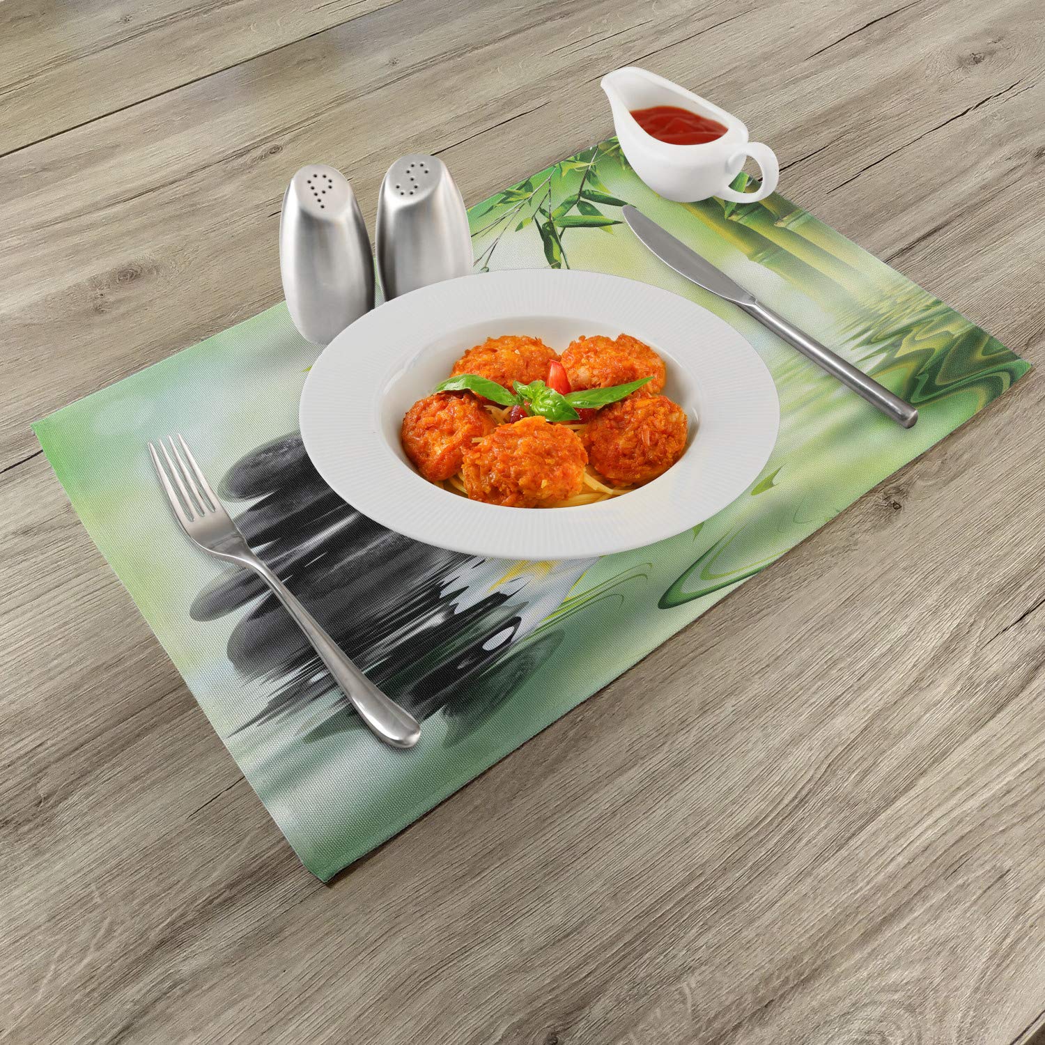 Ambesonne 4-Piece Spa Themed Placemats Set - Japanese Garden Frangipani Flowers Travel Design, Washable Fabric Table Mats for Dining Room, Standard Size (Charcoal Grey & Pale Green) - Perfect for Home Decor, Dinner Parties, and Asian-Inspired Interior Design
