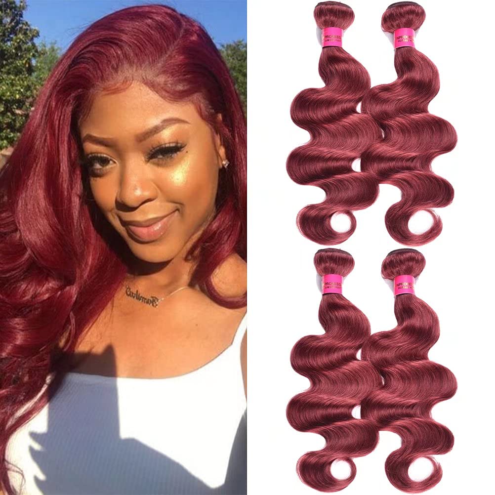 Brazilian Body Wave Virgin Hair Bundles 4PCS - 100% Human Hair Weave #33 Wine Red (18