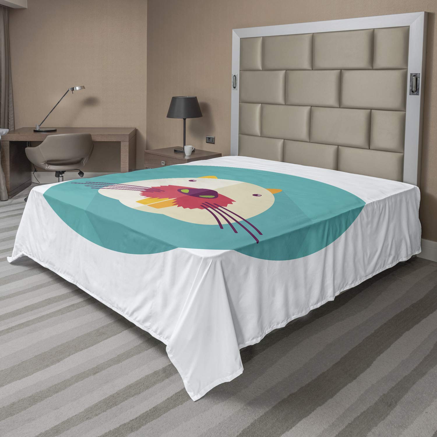 Ambesonne King Size Colorful Flat Sheet - Beaver Portrait Cartoon Style Animal Illustration, Soft & Comfortable Decorative Top Bedding (1 Piece, Multicolor) | Perfect for Kids' Rooms, Themed Bedrooms & Cozy Home Decor