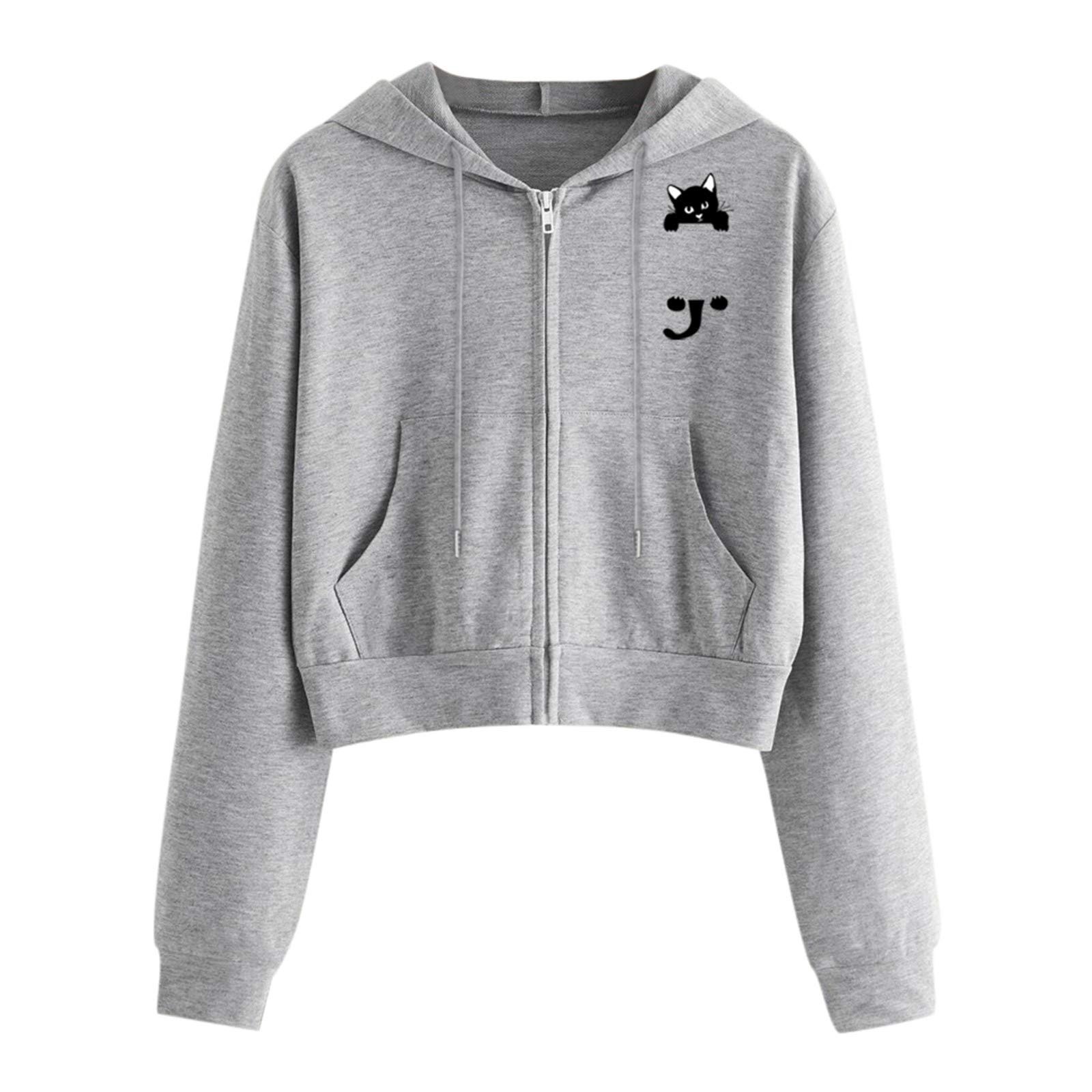 UNIROSE Women's Cat Print Hooded Sweatshirt with Pocket - Long Sleeve Casual Pullover for Women - Soft Polyester Top for Everyday Wear, Street Style & Cozy Outfits