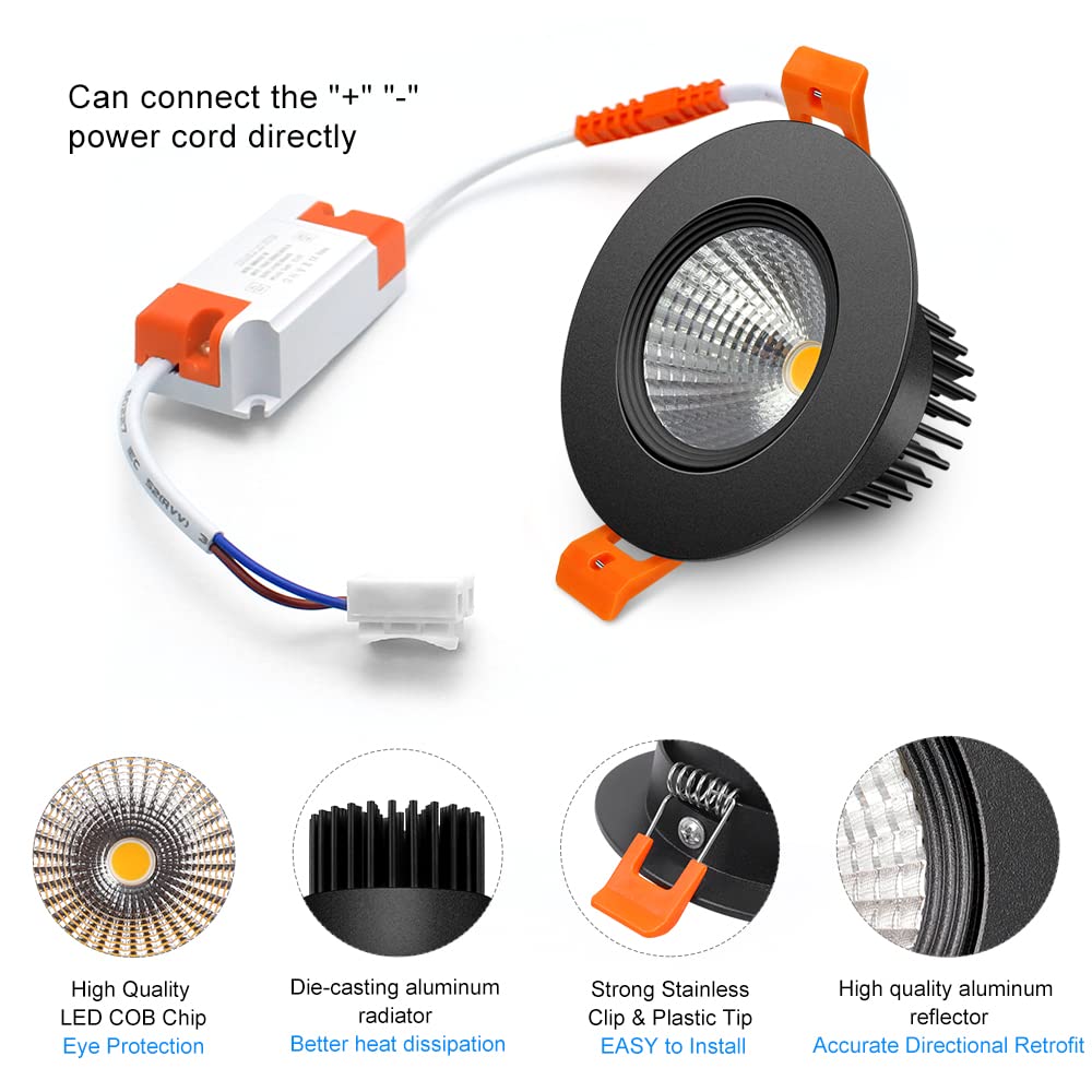 2.5 Inch LED Recessed Lighting - Dimmable COB Downlight 5W 400LM, 3000K Warm White, CRI80, Black Trim, LED Ceiling Lights with Driver (6 Pack) - Perfect for Bedroom, Kitchen, Living Room & Hallway Lighting