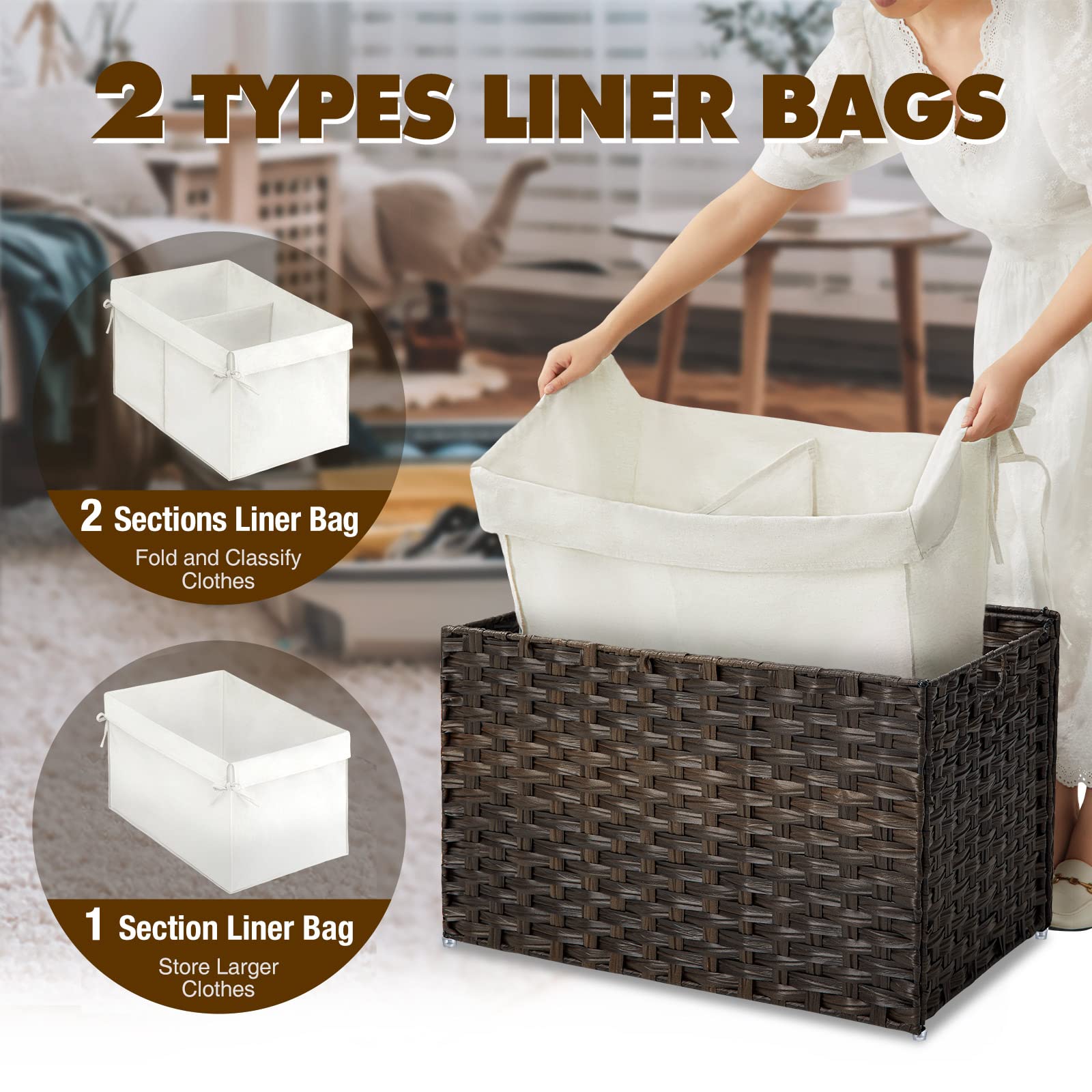GREENSTELL 105L Large Wicker Storage Basket with Lid - Handwoven Blanket Organizer with Removable Cotton Liner & Metal Frame | Foldable for Bedroom, Laundry Room, Closet Organization | Brown Rattan Basket for Home Decor & Storage Solutions