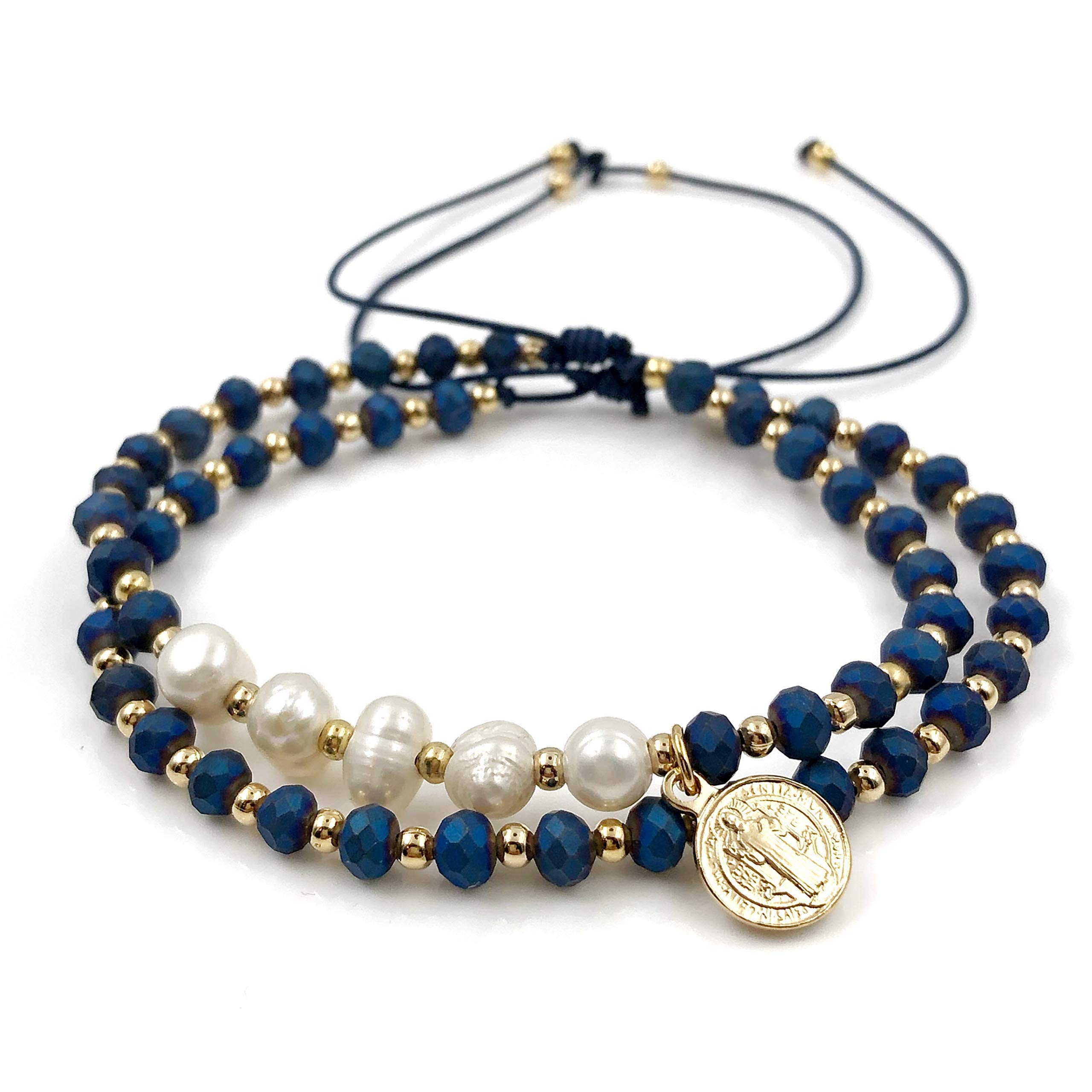 St. Benedict Medal Adjustable Handmade Bracelet Set for Women - 2 Pack Blue Beaded Spiritual Jewelry | Gift for Baptism, Confirmation & Daily Wear