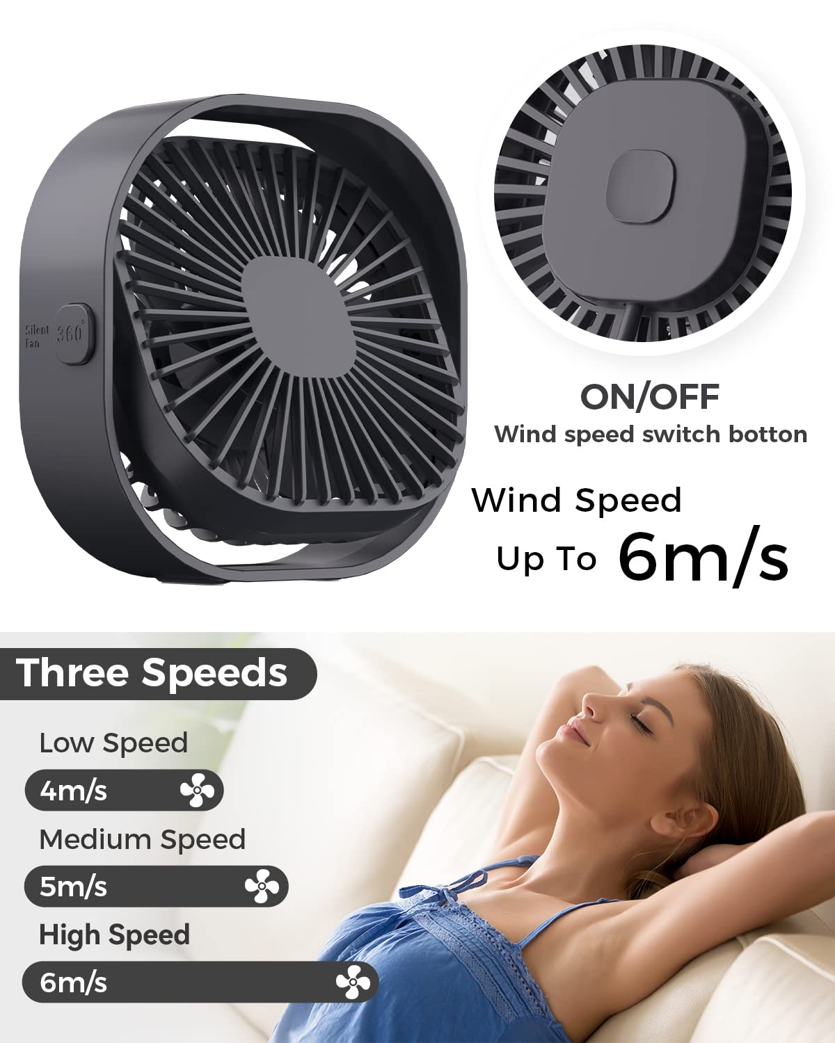 4 Inch Small USB Desk Fan - 3-Speed Portable & 360° Rotatable Mini Cooling Fan | USB-Powered Desktop Fan for Home, Office, Bedroom, Dorm | Perfect for Indoor, Outdoor & Summer Use | Great Gift Idea for Students & Professionals