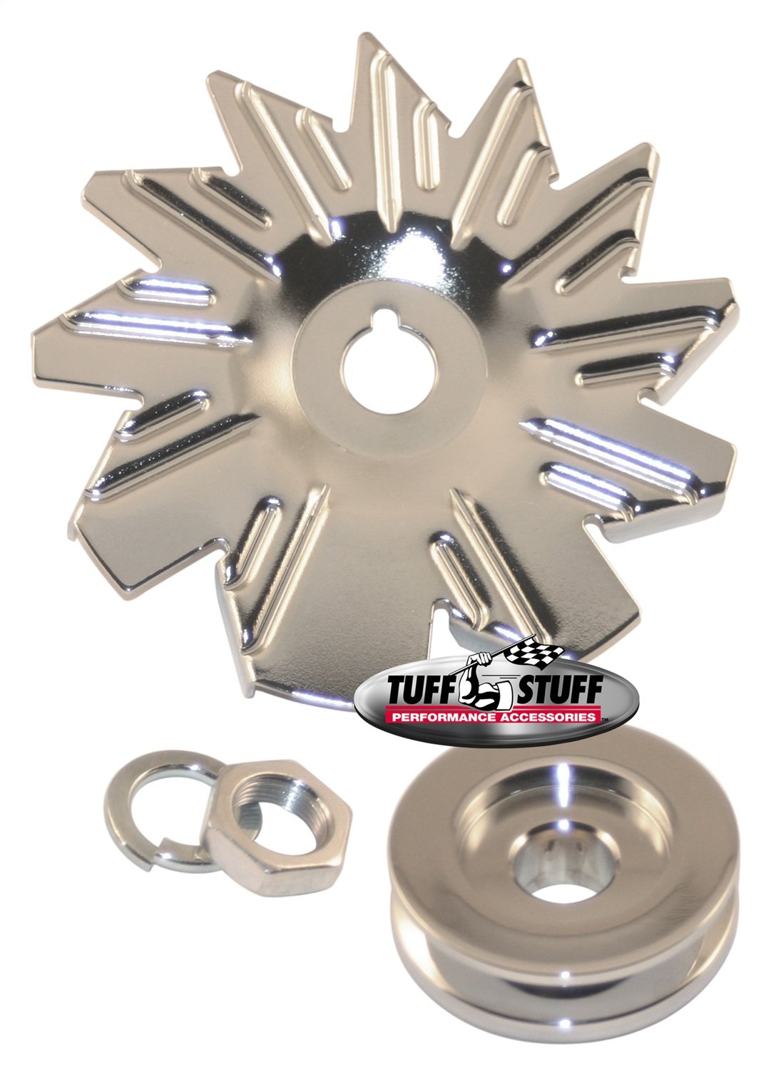 Tuff Stuff 7600A High-Performance Alternator with Chrome Fan & Pulley Combo - Perfect for Car Restoration, Hot Rods & Off-Road Vehicles