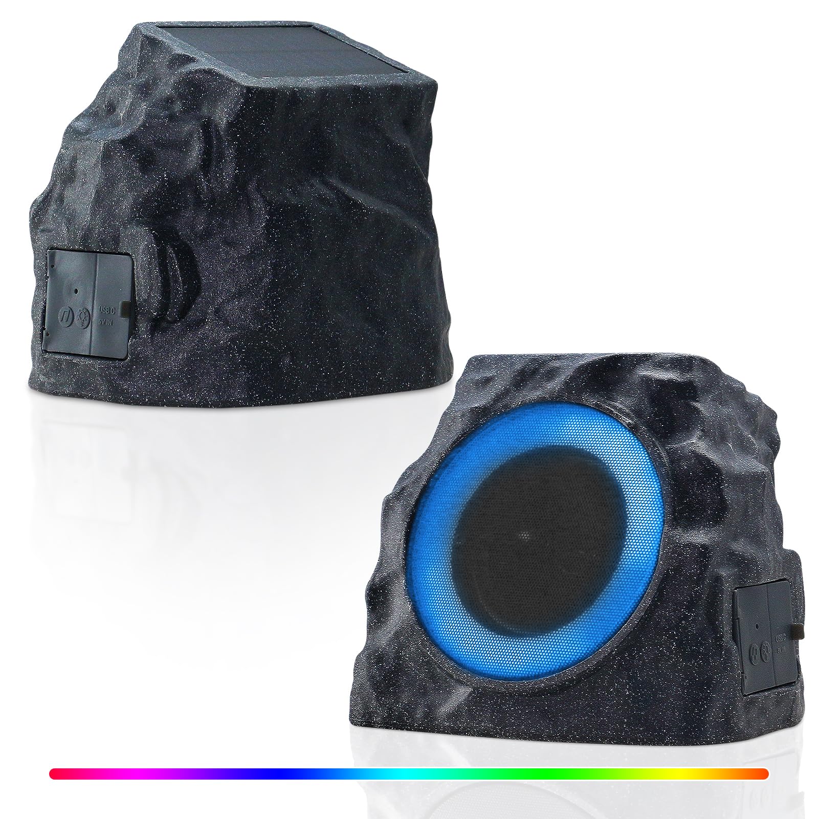 Dolita Rock Speaker - Wireless Bluetooth 5.0 Outdoor Speaker with Solar Charging, 7 RGB LED Lights, IPX6 Waterproof, 20H Playtime - Perfect for Pool Party, Beach, Camping, Garden & Backyard (2 Pack, Black)