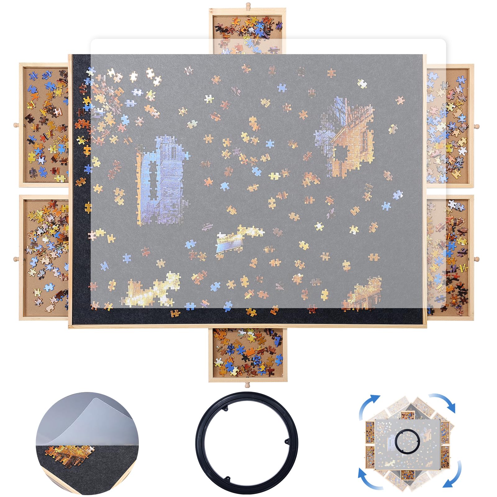 1500 Piece Wooden Jigsaw Puzzle Board with Drawers - 35