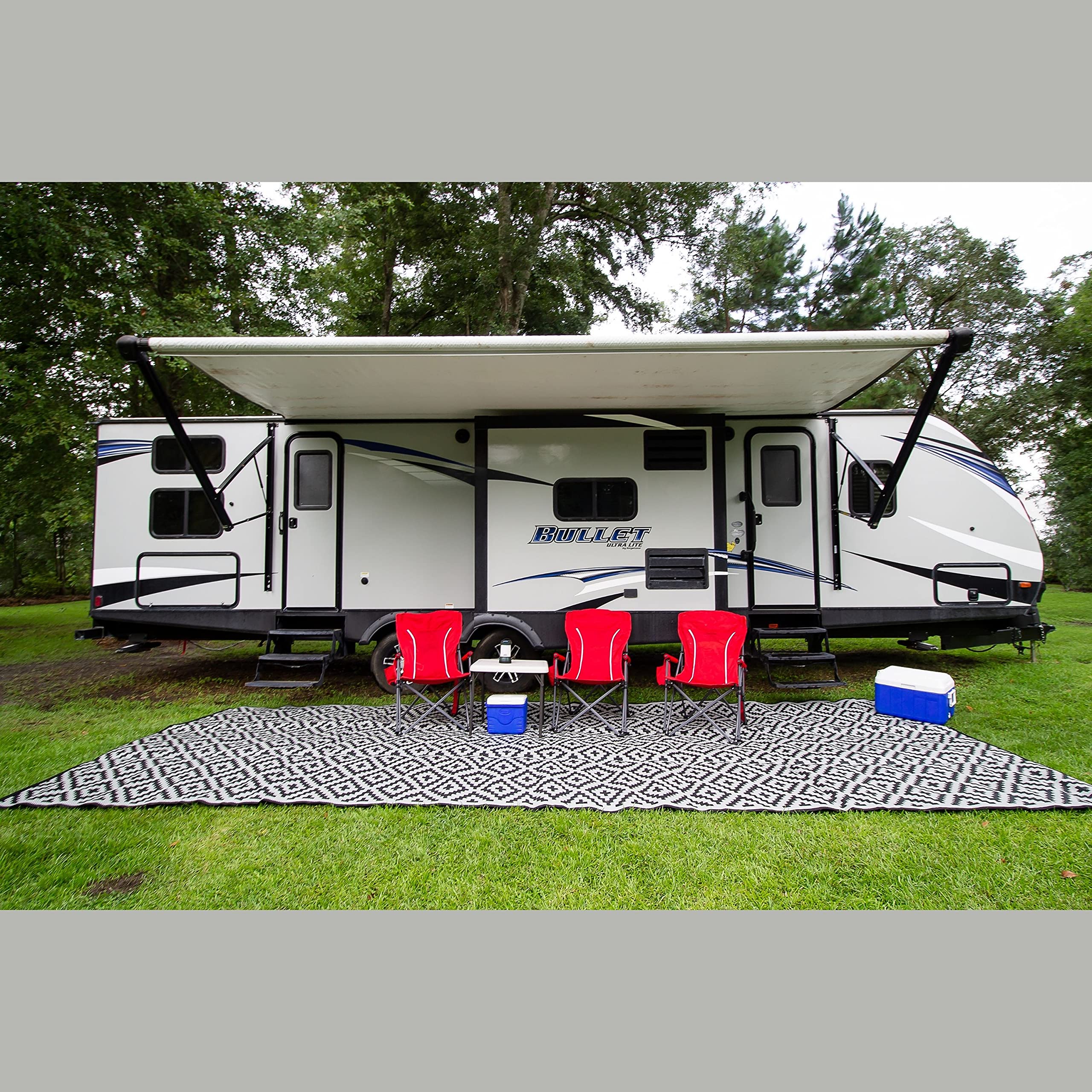 Premium Heavy Duty RV Patio Mat 8' x 20' - Waterproof, Reversible Camping Rug Made from Recycled Polypropylene - 5mm Thick Durable Outdoor Carpet with Carry Bag (Black) - Perfect for RV Camping, Picnics, Beach & Backyard Use