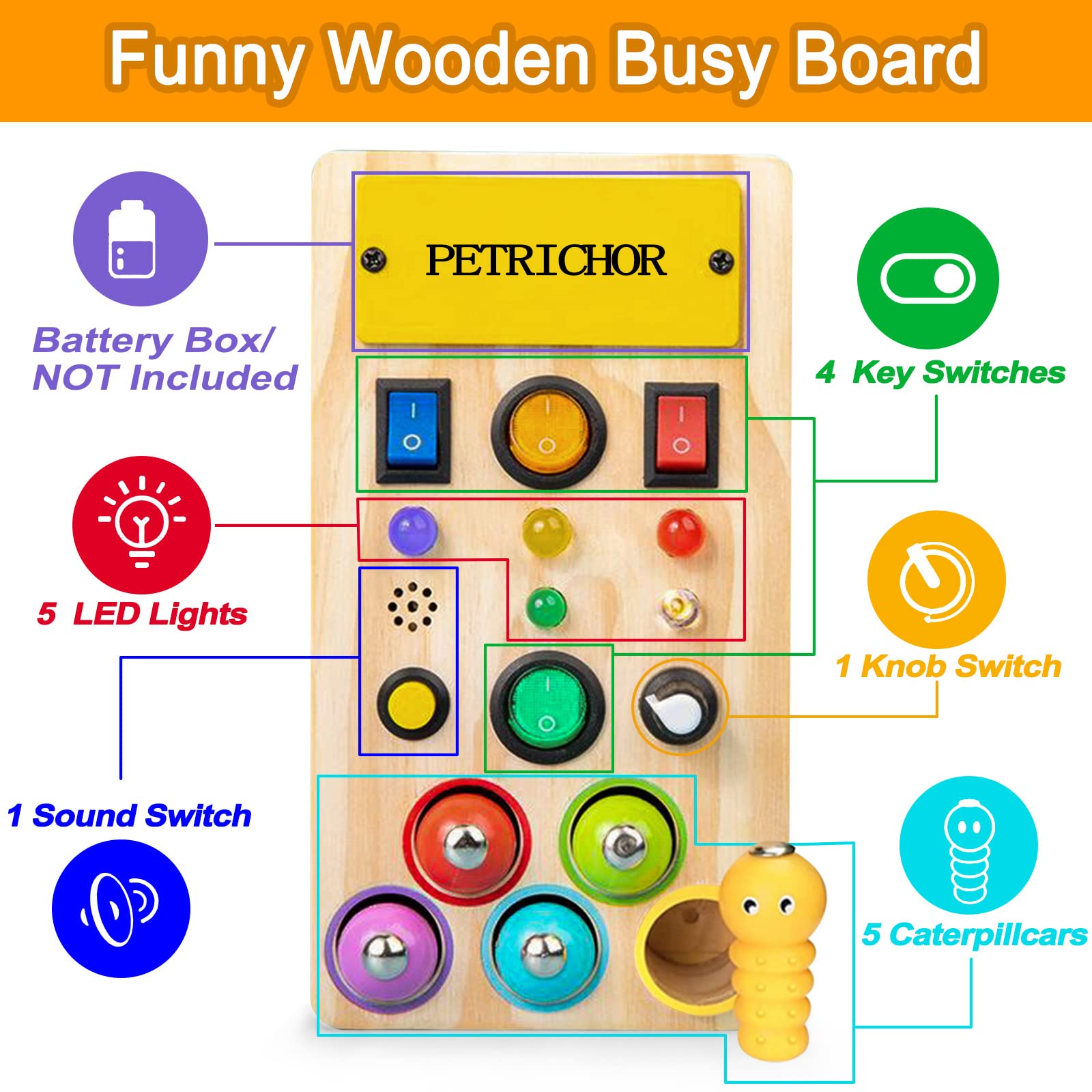 LED Light Busy Board - Montessori Sensory Toy with Toggle Switch, Fidget Toys for Toddlers, Fishing Game & Sound Knob - Handmade Wooden Travel Activity Board for 1 2 3 4 Year Old Boys & Girls - Perfect for Airplane, Car Rides & Quiet Playtime