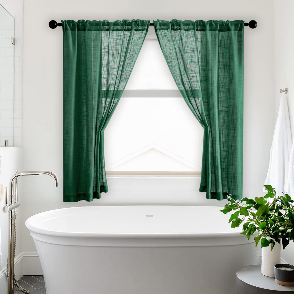 SHINELAND Faux Linen Semi Sheer Kitchen Curtains - Set of 2 Panels (48 Inch Length) - Dark Emerald Green Short Window Treatment for Bathroom & Kitchen Decor | Perfect for Small Windows, Cafe Style & Farmhouse Decor
