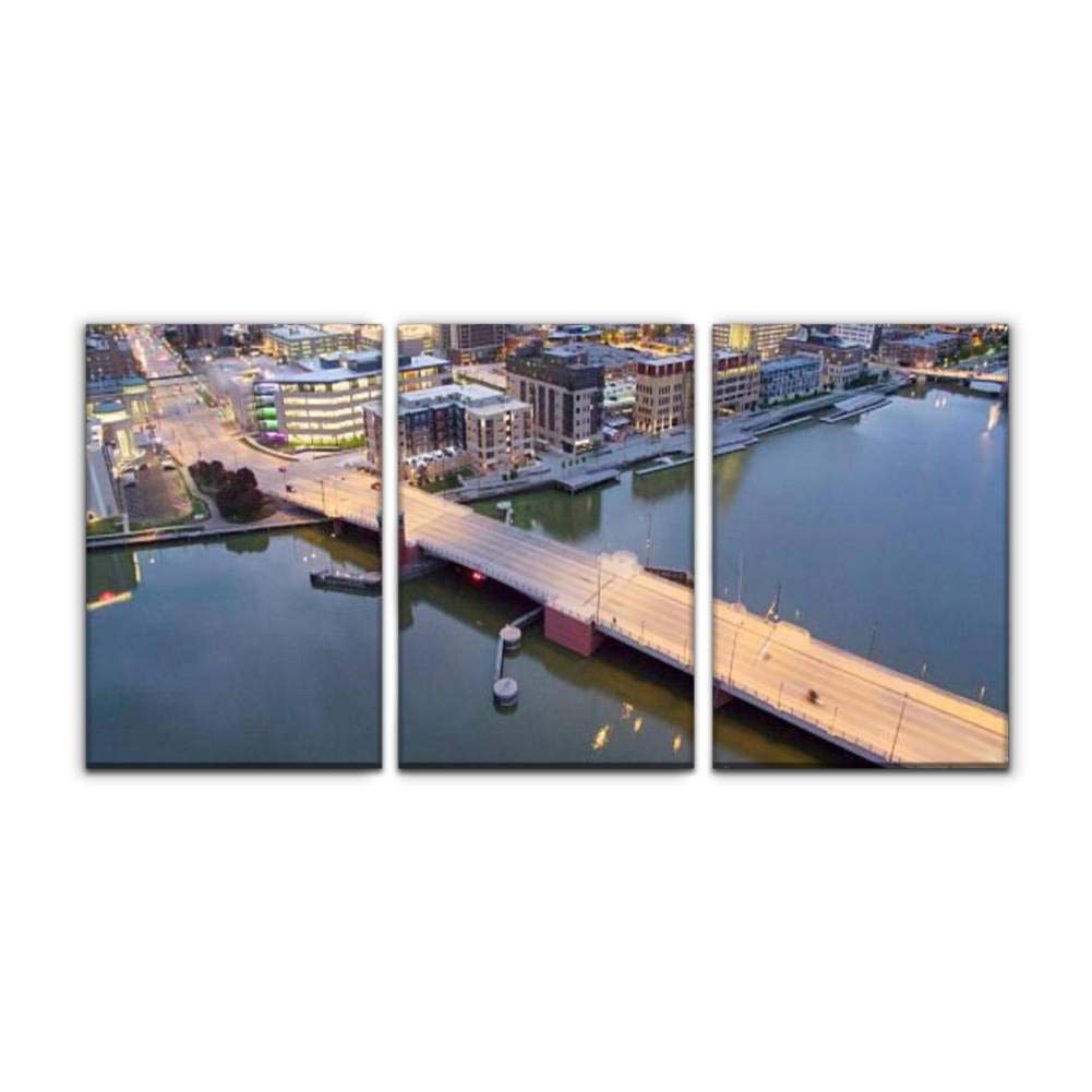 Modern Canvas Painting - Scenic Downtown Green Bay Wisconsin Waterfront Landscape Wall Art - Printed Oil Painting for Home, Office & Bedroom Decor - Set of 3 Framed 16