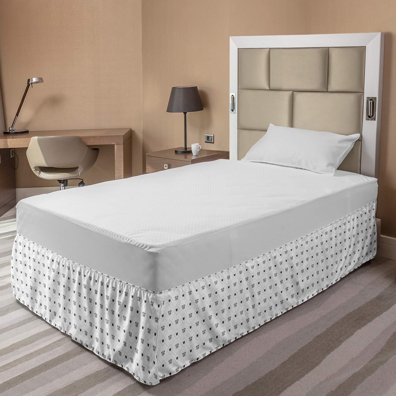 Ambesonne Abstract Bed Skirt - Modern Minimalist Crown & Dot Pattern - Elastic Wrap Around Gathered Design for Twin/Twin XL Beds - Black & White Bedroom Decor | Perfect for Contemporary Home Styling & Guest Room Makeovers