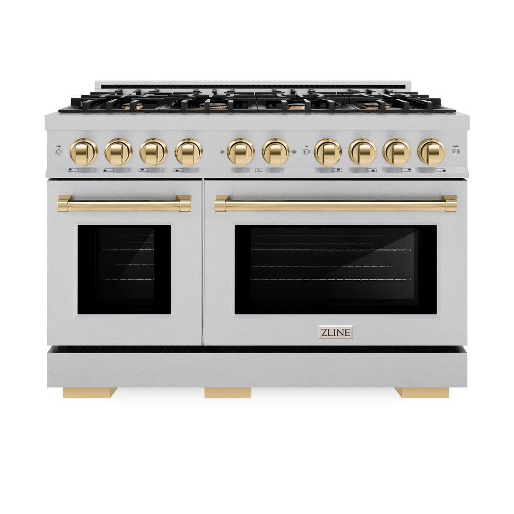 ZLINE Autograph Edition 48-Inch 6.7 cu. ft. Professional Double Oven Gas Range with 8-Burner Cooktop in Satin Stainless Steel & Polished Gold Accents (HGRSZ 48 G) - Perfect for Large Kitchens, Gourmet Cooking, and Entertaining