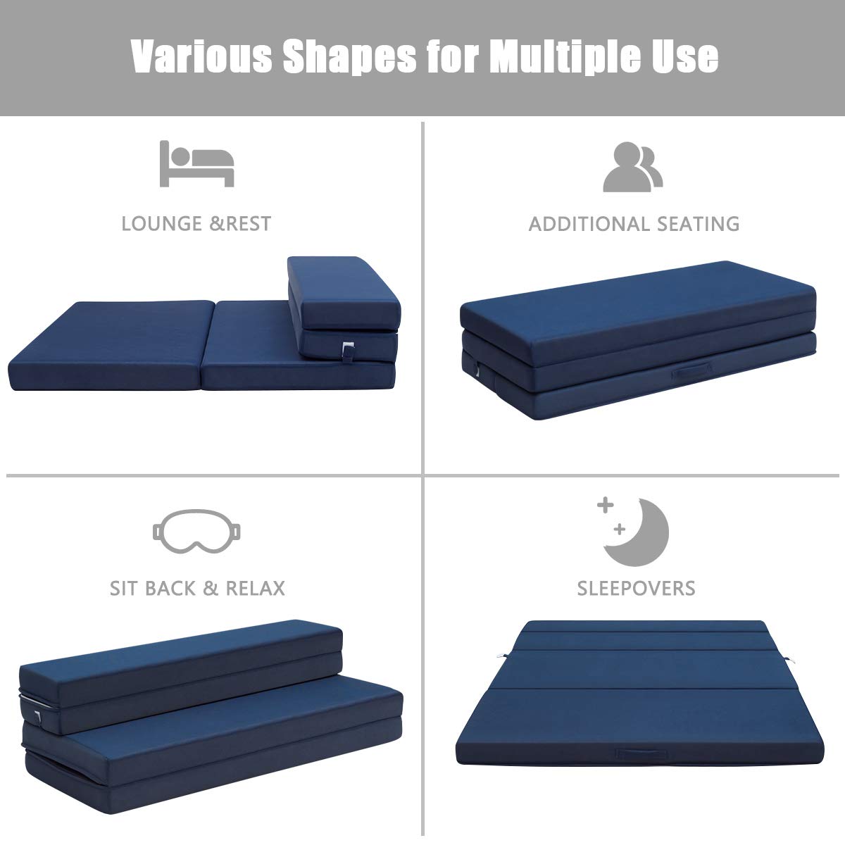 KOMFOTT 4-Inch Tri-Folding Memory Foam Mattress Queen Size - Removable Washable Cover, Foldable Guest Bed for Sofa, Travel & Camping - Navy Blue