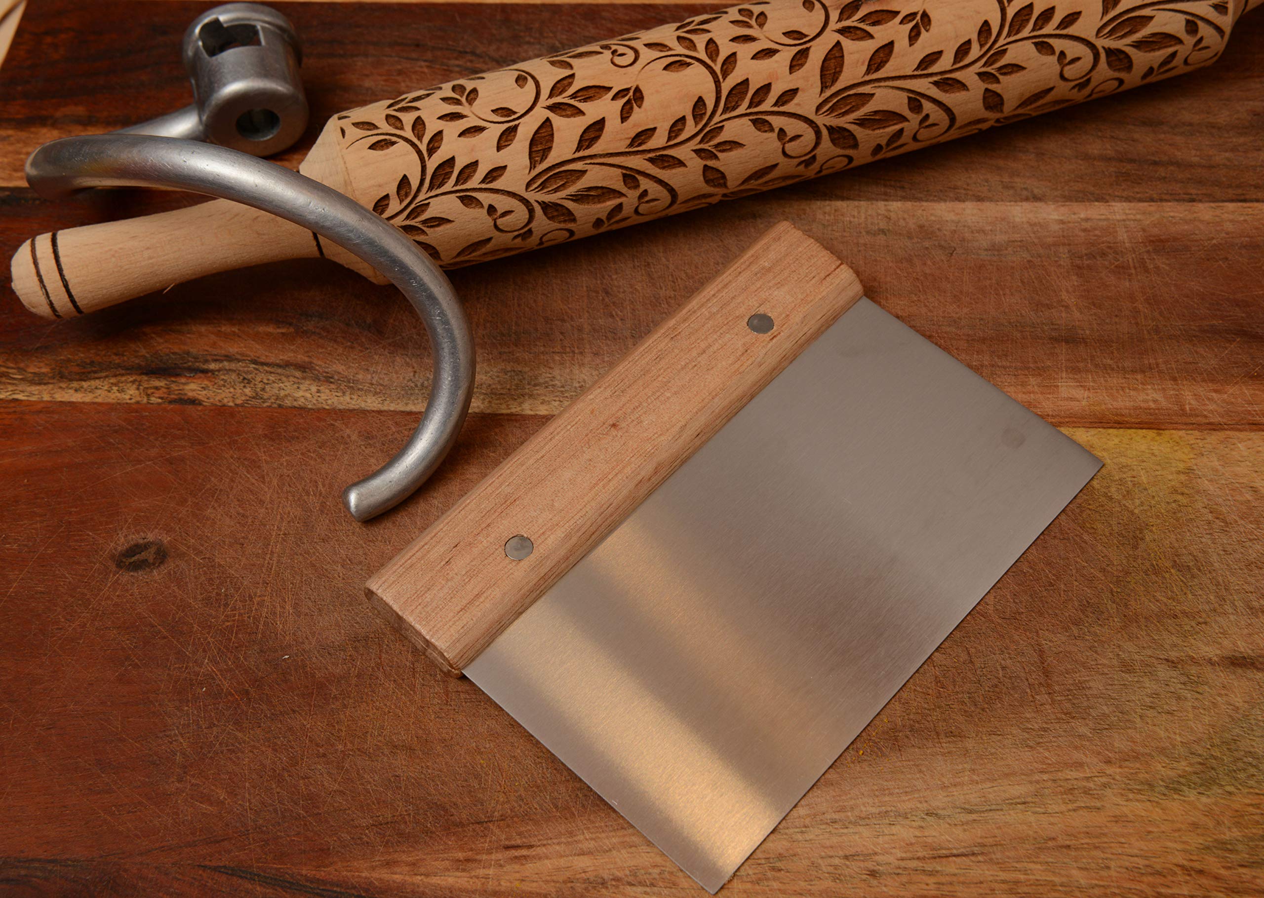 3-Pack Stainless Steel Dough Scraper with Wooden Handle - Heavy Duty Multi-Purpose Dough Cutter for Baking, Pastry, Pizza Dough, Nuts & Herbs - Perfect for Home Bakers & Professional Kitchens