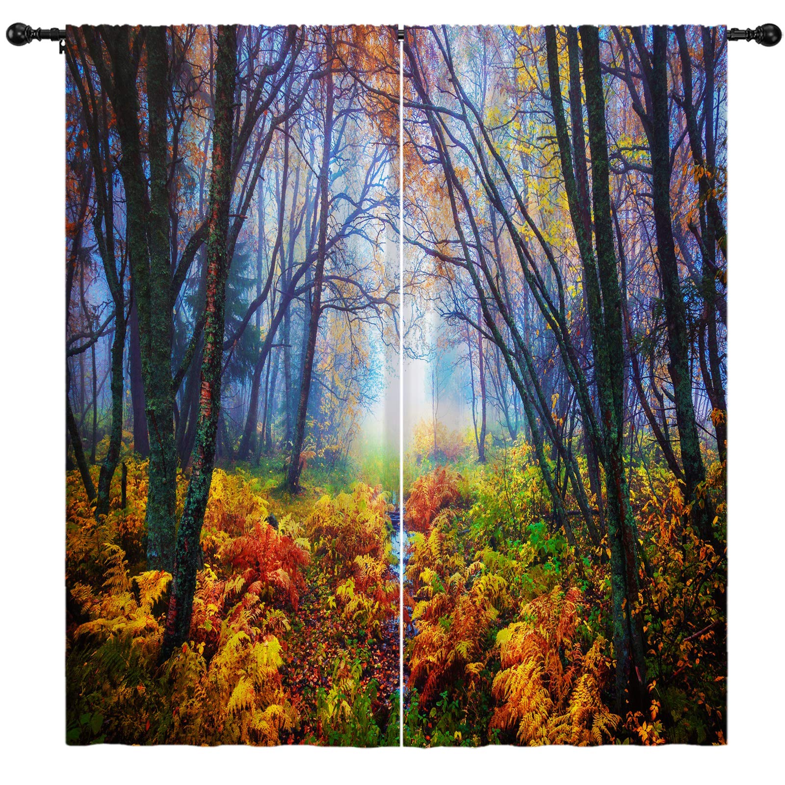Boenkj Forest Curtains - Mysterious Autumn Woodland Nature Landscape Window Drapes (2 Panels Set, 104