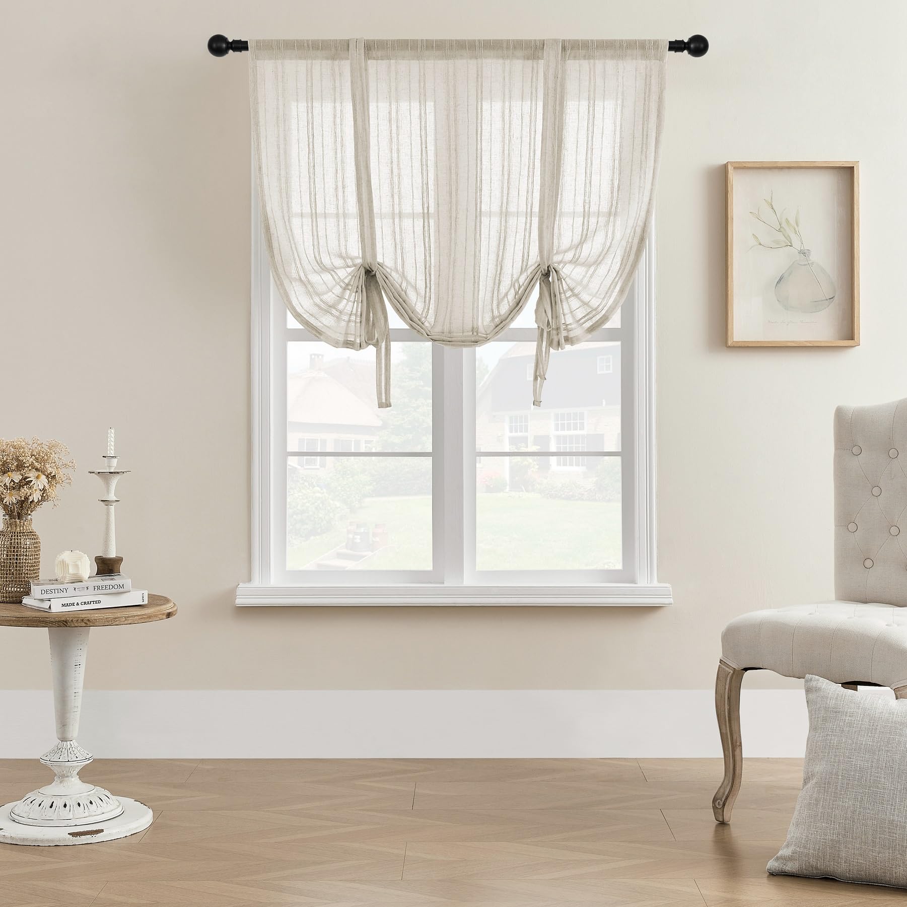 Striped Linen Curtains for Windows - Thermal Insulated Privacy Drapes with Rod Pocket & Multi Hanging Options, Beige & White 42x63 Inch - Perfect for Bedroom, Living Room & Small Windows