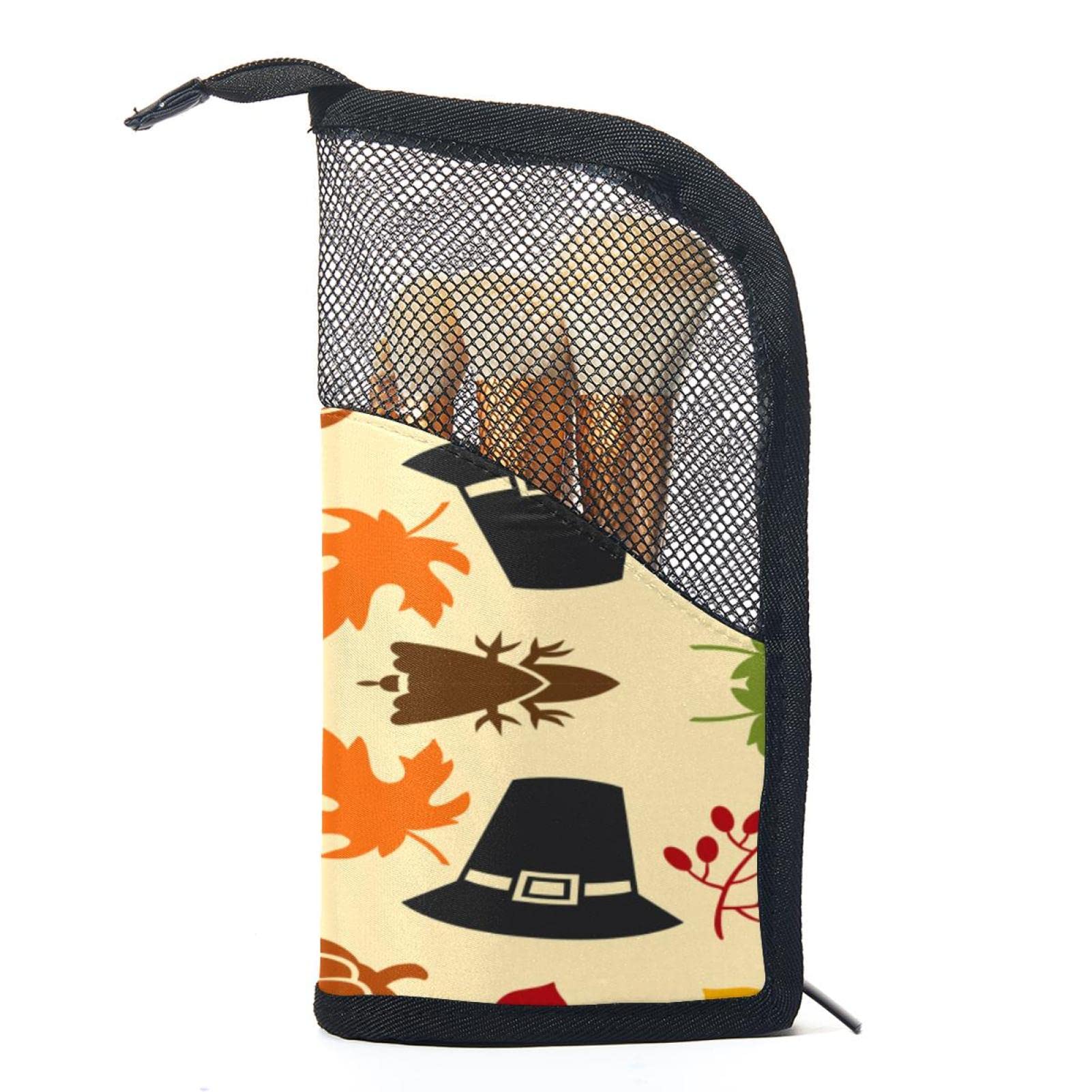 12-Piece Makeup Brush Organizer Bag with Portable Holder Case - Thanksgiving Turkey Pumpkin Leaves Design - Perfect for Travel, Home Storage & Makeup Artists