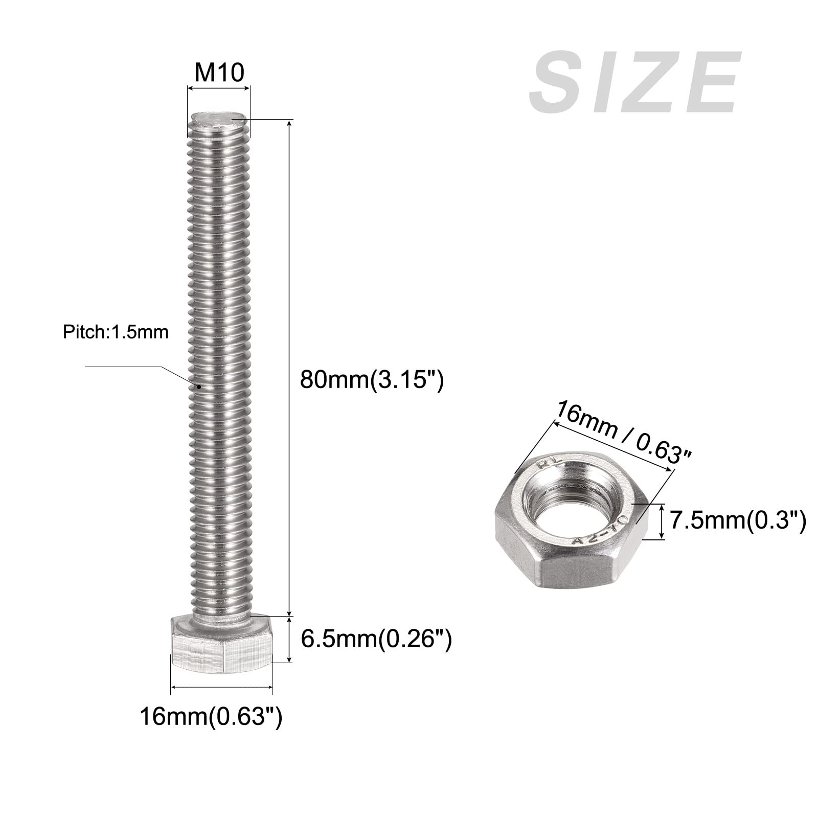 METALLIXITY M10x80mm Hex Screws Bolts Kit - 304 Stainless Steel for Home Appliance Repair
