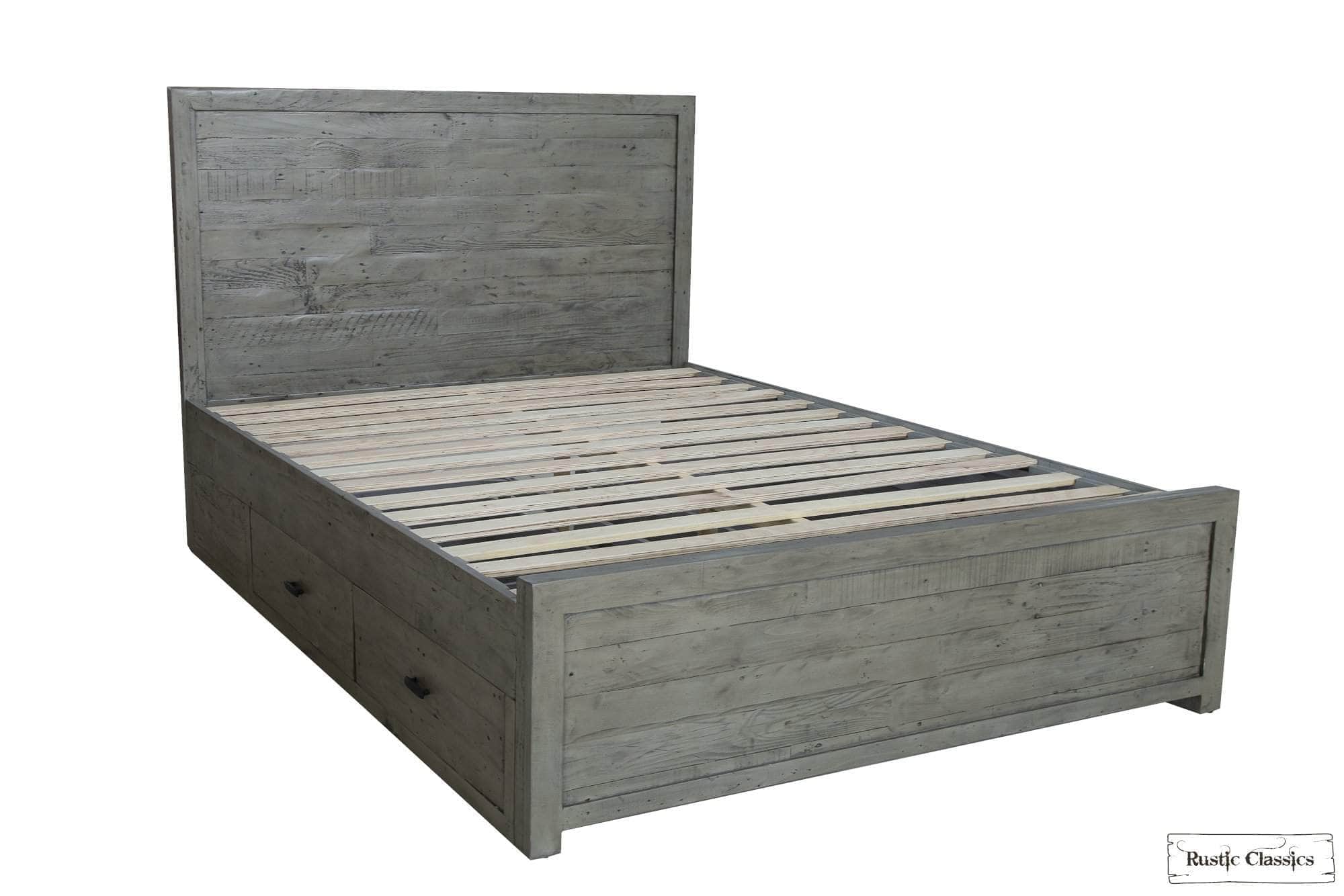Whistler Grey Reclaimed Wood Platform Bed with 4 Storage Drawers - Queen & King Size - Perfect for Modern Bedroom, Guest Room & Small Space Organization