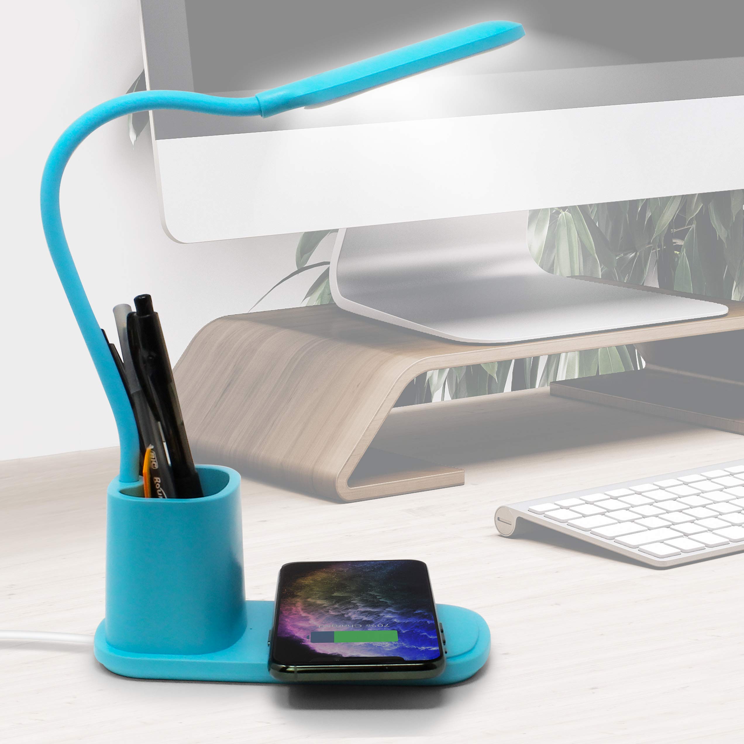 Aduro U-Light LED Desk Lamp with Wireless Charger - Dimmable Eye-Caring Study Lamp with Organizer, 3 Brightness Levels & USB Port - Perfect for Home Office, Reading & Nightstand Use (Blue)